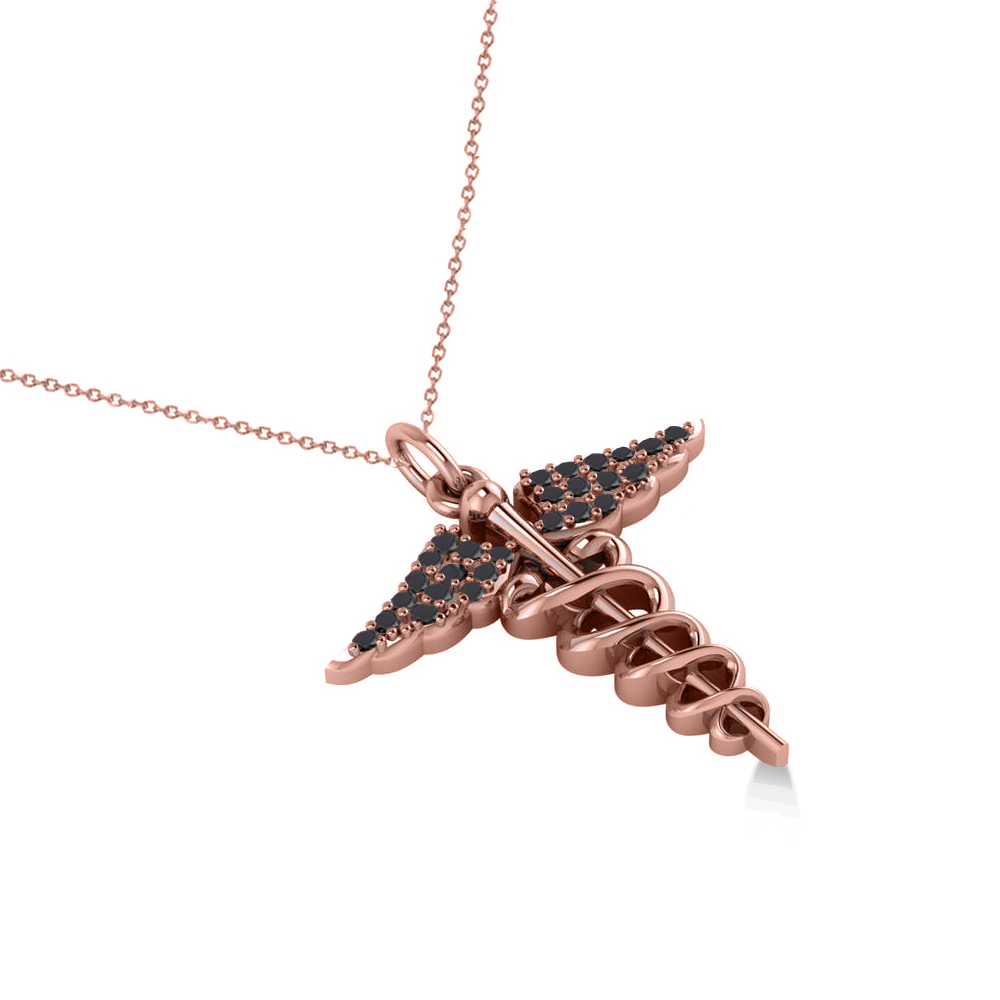 Black Diamond Caduceus Medical Symbol Pendant 14k Rose Gold (0.13ct)