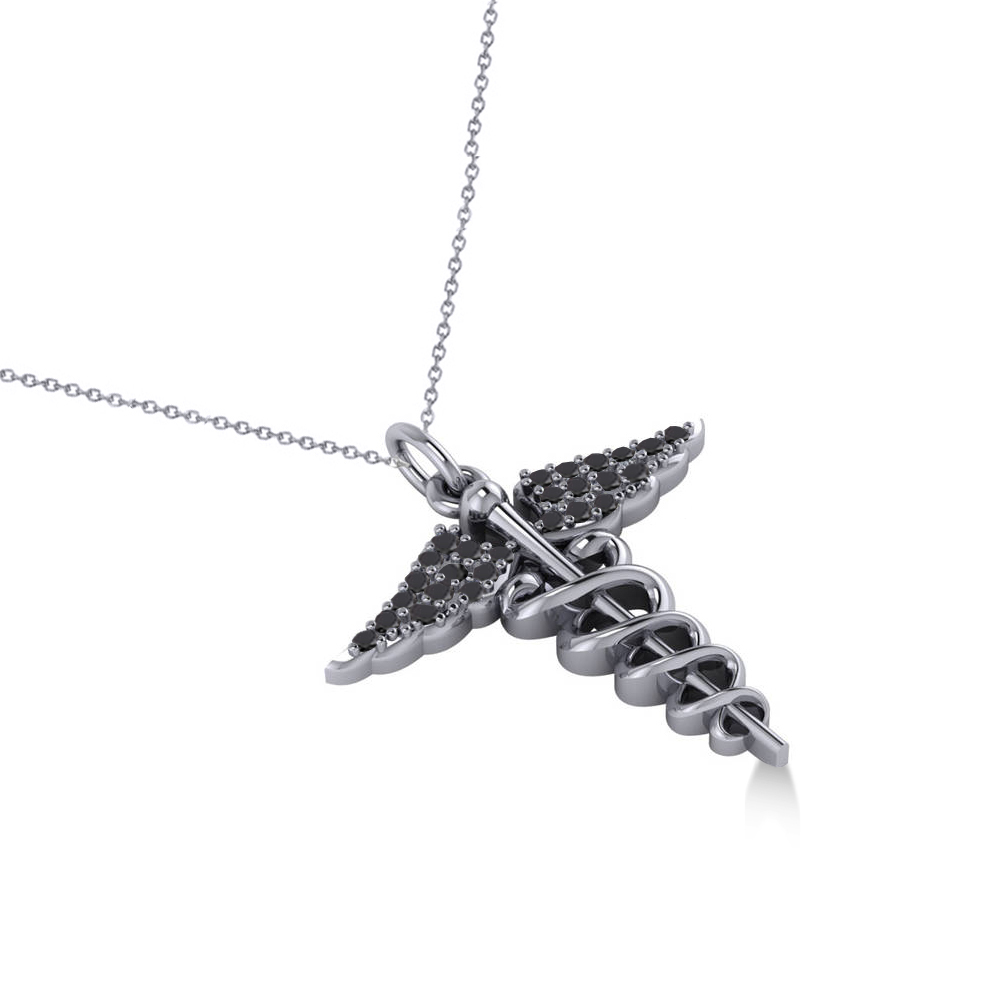 Black Diamond Caduceus Medical Symbol Pendant 14k White Gold (0.13ct)