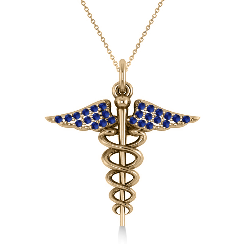 Blue Sapphire Caduceus Medical Symbol Pendant 14k Yellow Gold (0.13ct)