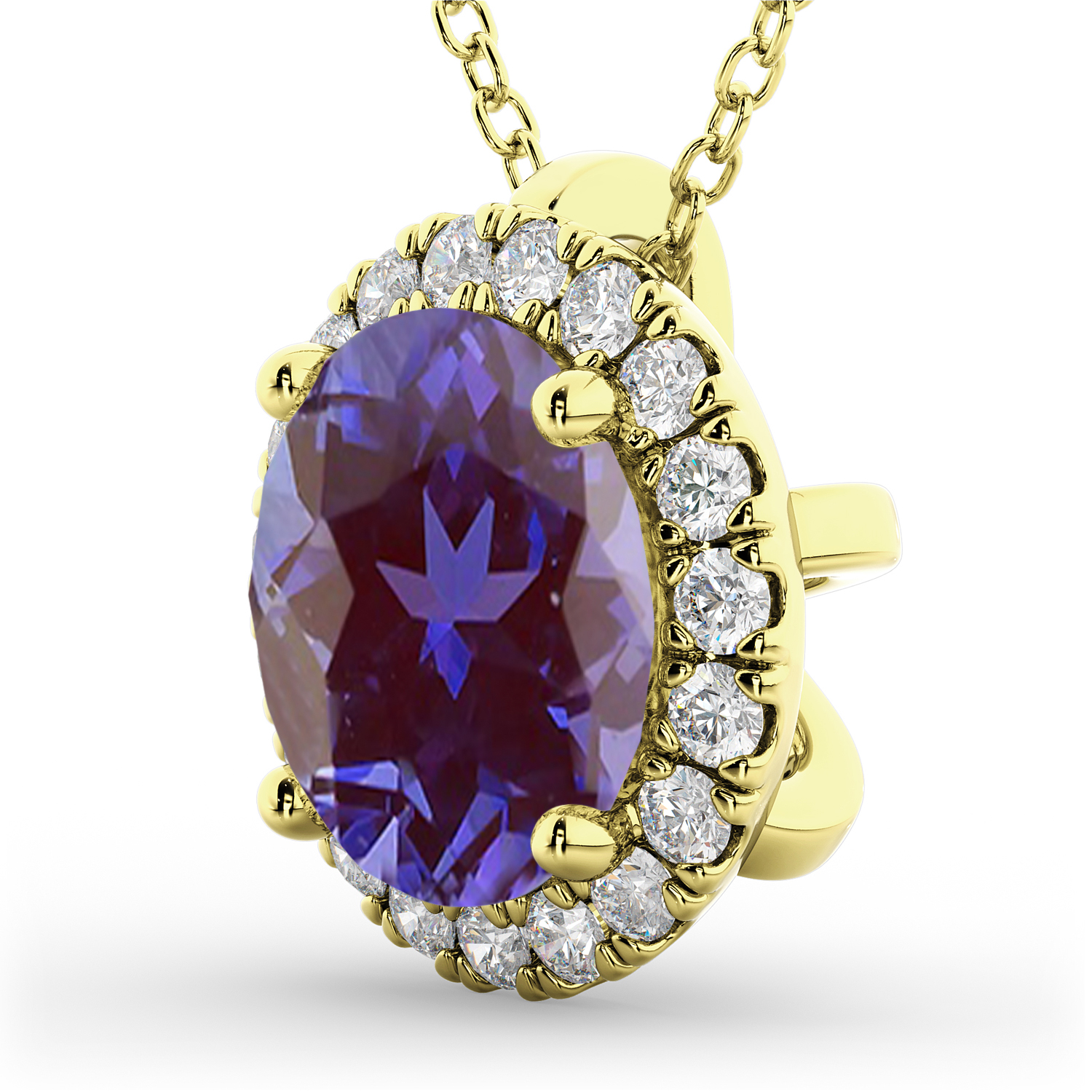 Halo Round Lab Alexandrite & Diamond Pendant Necklace 14k Yellow Gold (2.09ct)