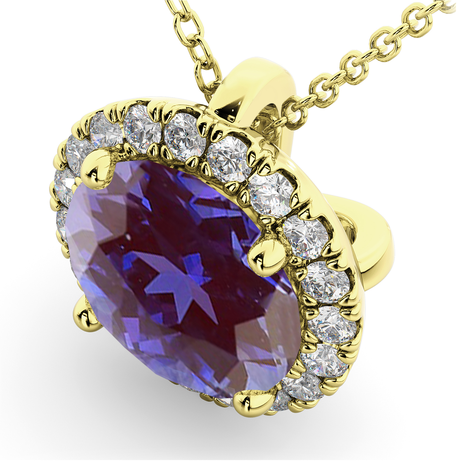 Halo Round Lab Alexandrite & Diamond Pendant Necklace 14k Yellow Gold (2.09ct)