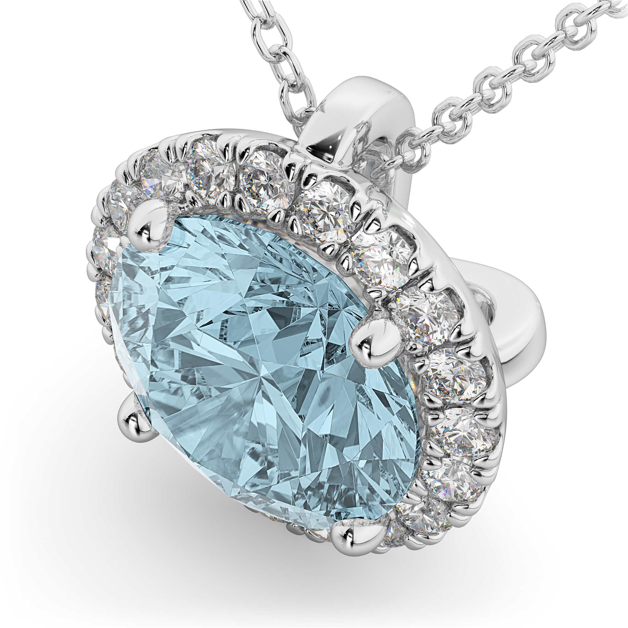 Halo Round Aquamarine & Diamond Pendant Necklace 14k White Gold (2.69ct)