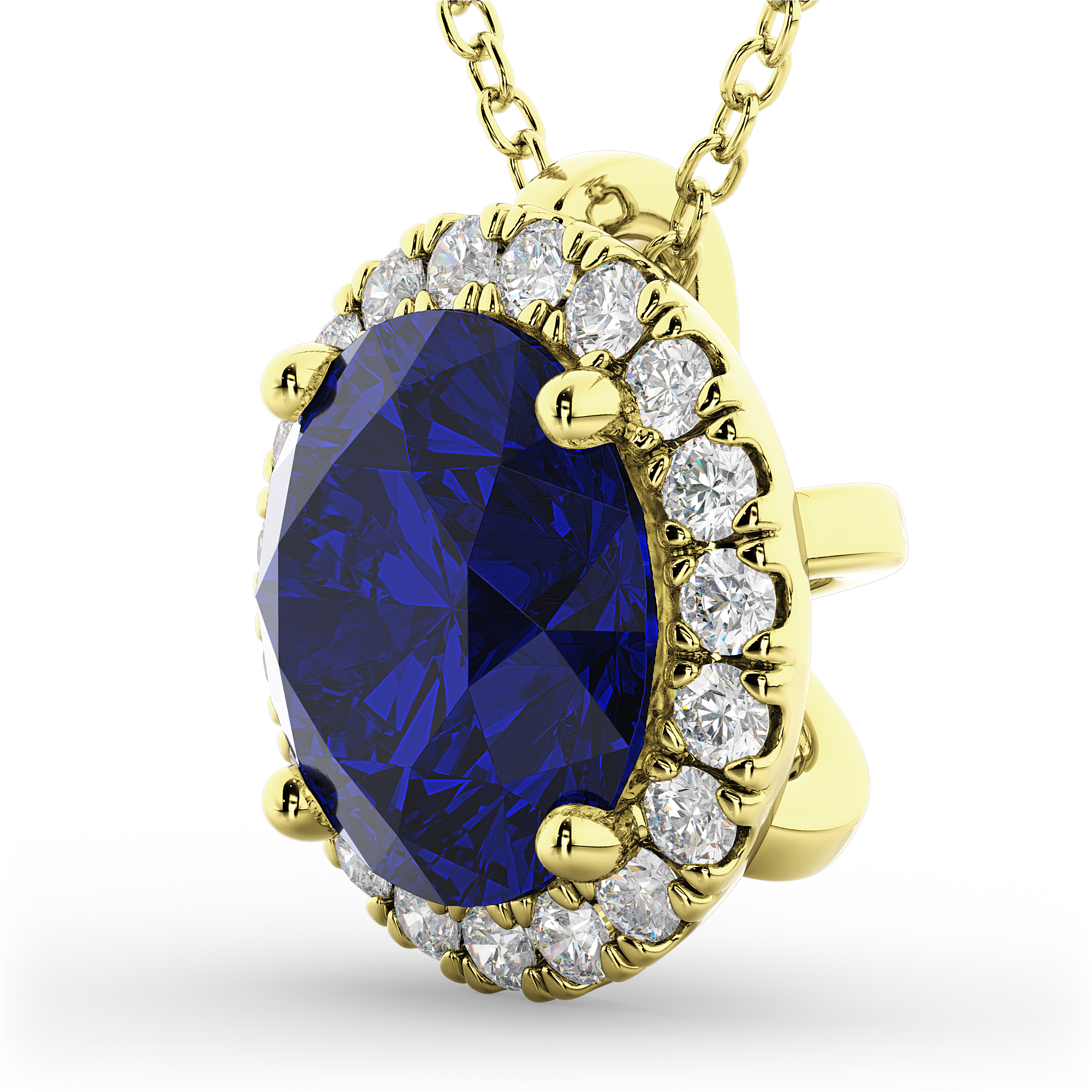 Halo Blue Sapphire & Diamond Pendant Necklace 14k Yellow Gold (2.59ct)