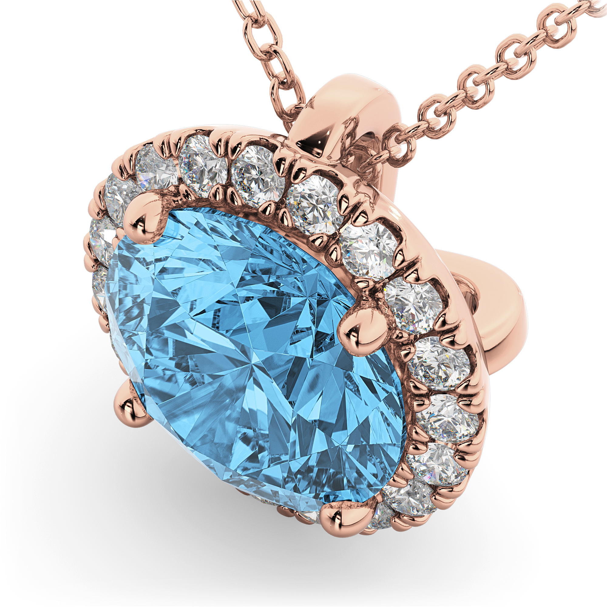 Halo Round Blue Topaz & Diamond Pendant Necklace 14k Rose Gold (2.79ct)