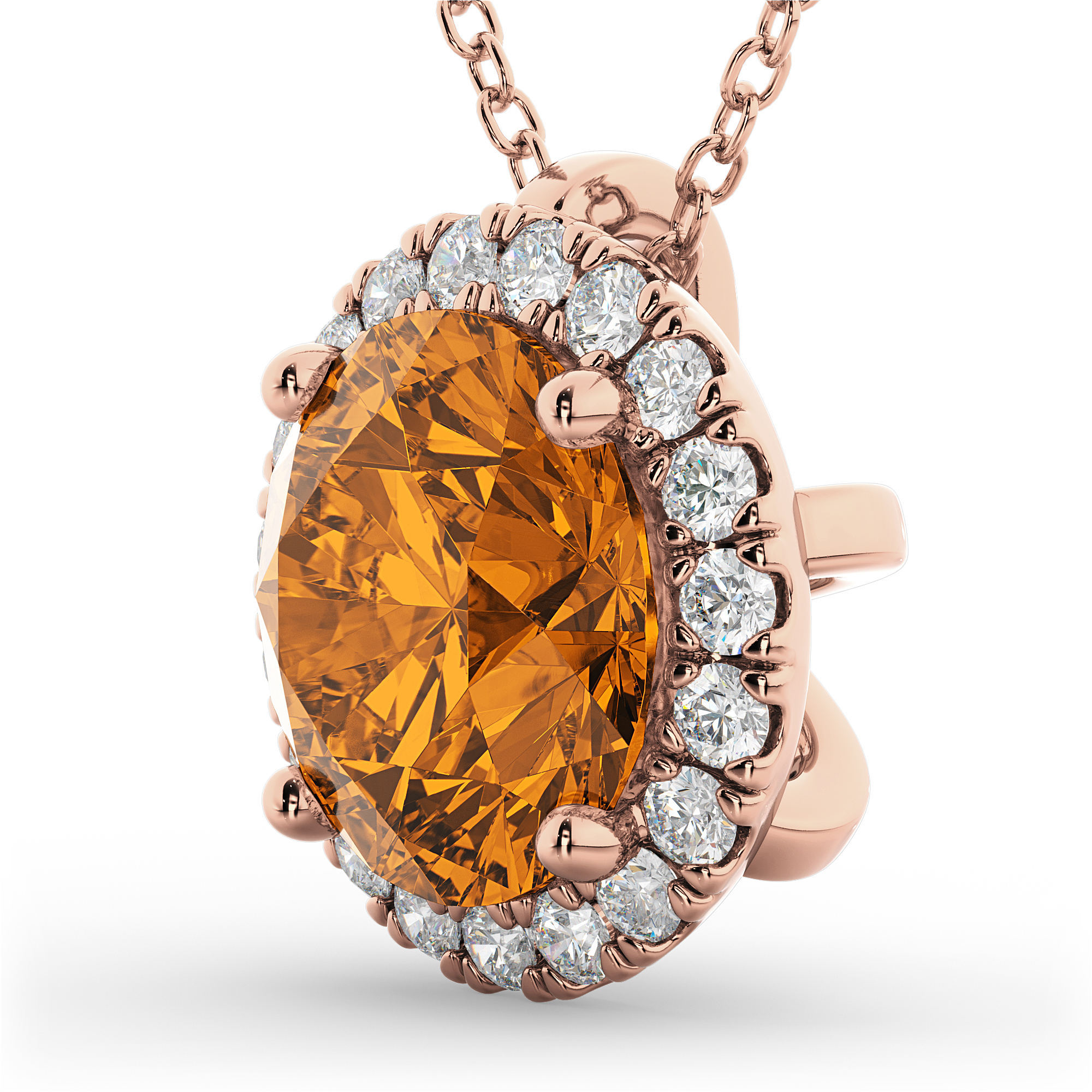 Halo Round Citrine & Diamond Pendant Necklace 14k Rose Gold (2.09ct)