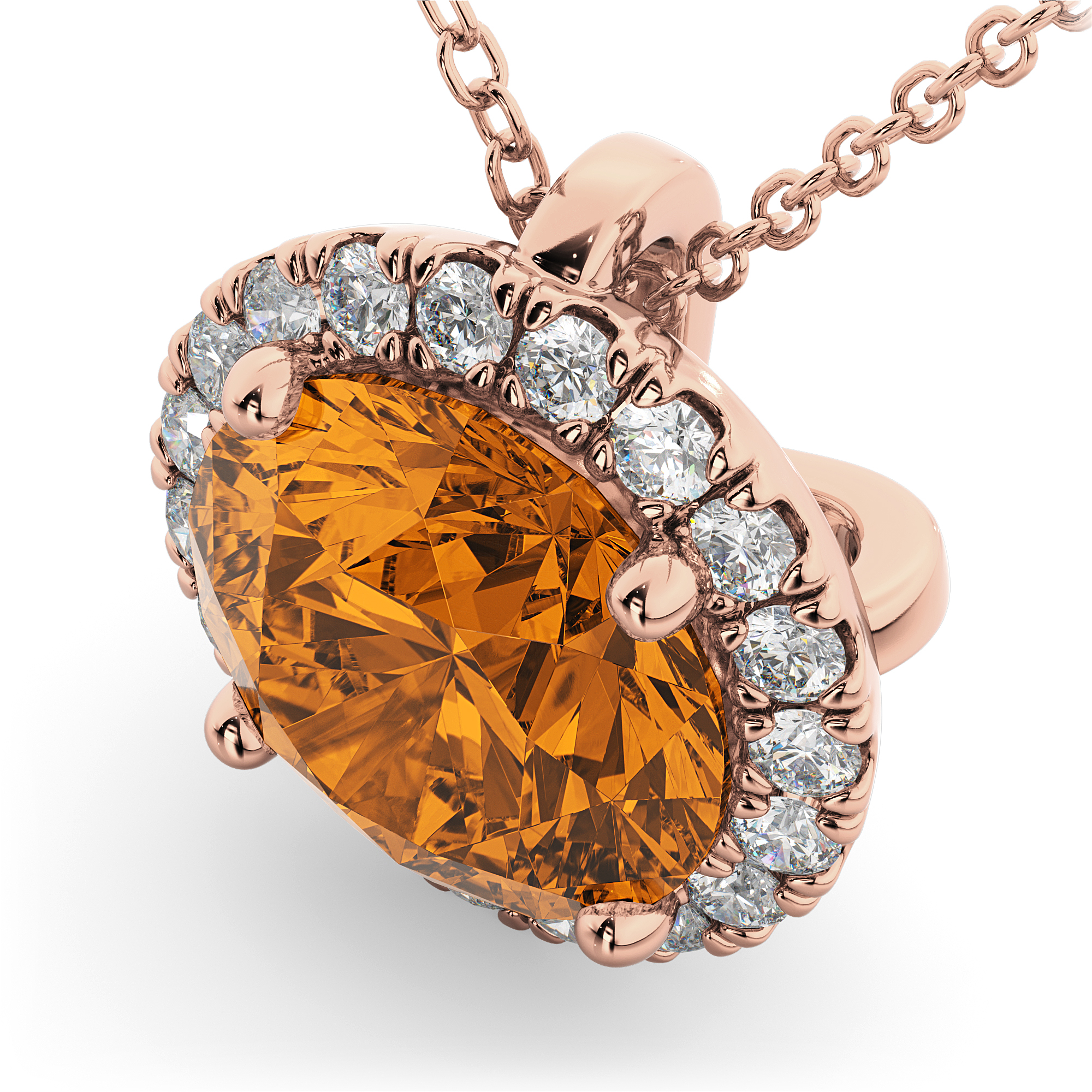 Halo Round Citrine & Diamond Pendant Necklace 14k Rose Gold (2.09ct)