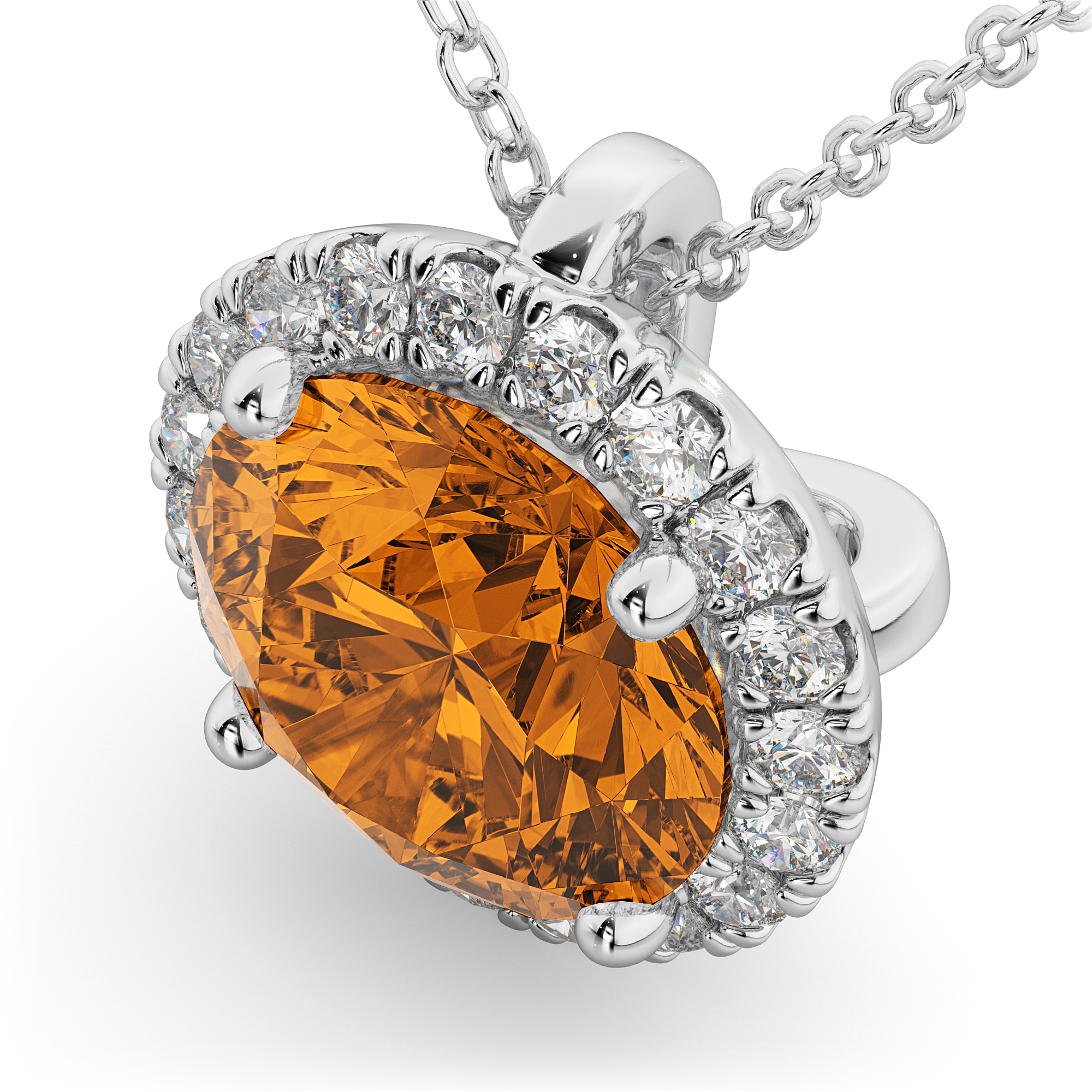 Halo Round Citrine & Diamond Pendant Necklace 14k White Gold (2.09ct)