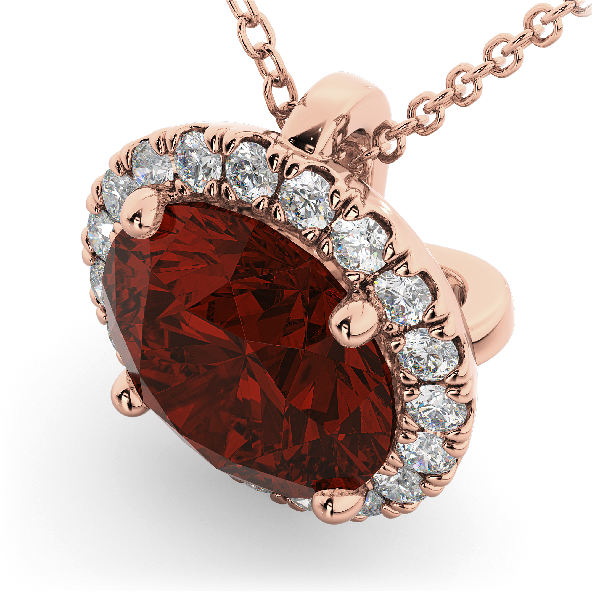 Halo Round Garnet & Diamond Pendant Necklace 14k Rose Gold (2.79ct)