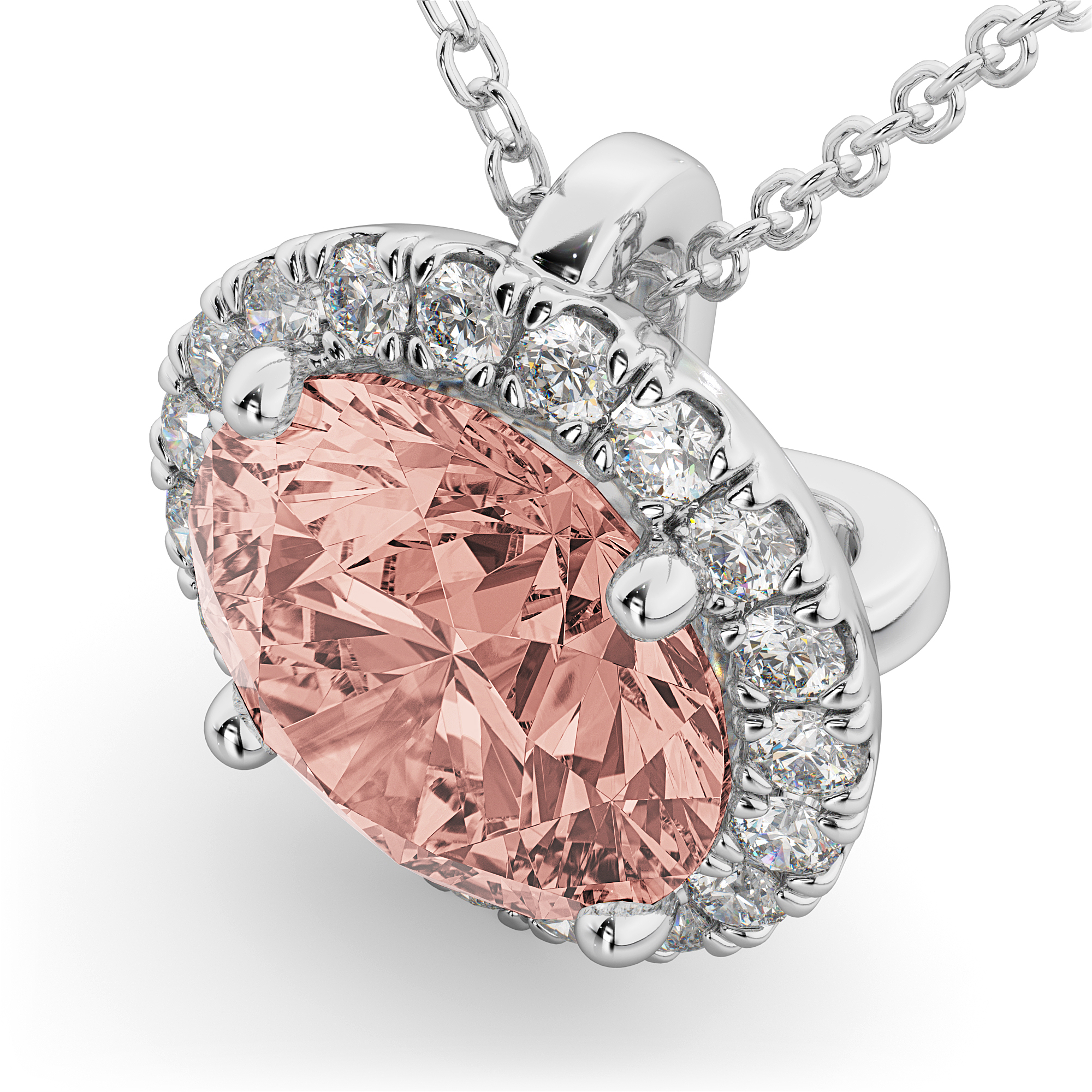 Halo Round Morganite & Diamond Pendant Necklace 14k White Gold (2.09ct)