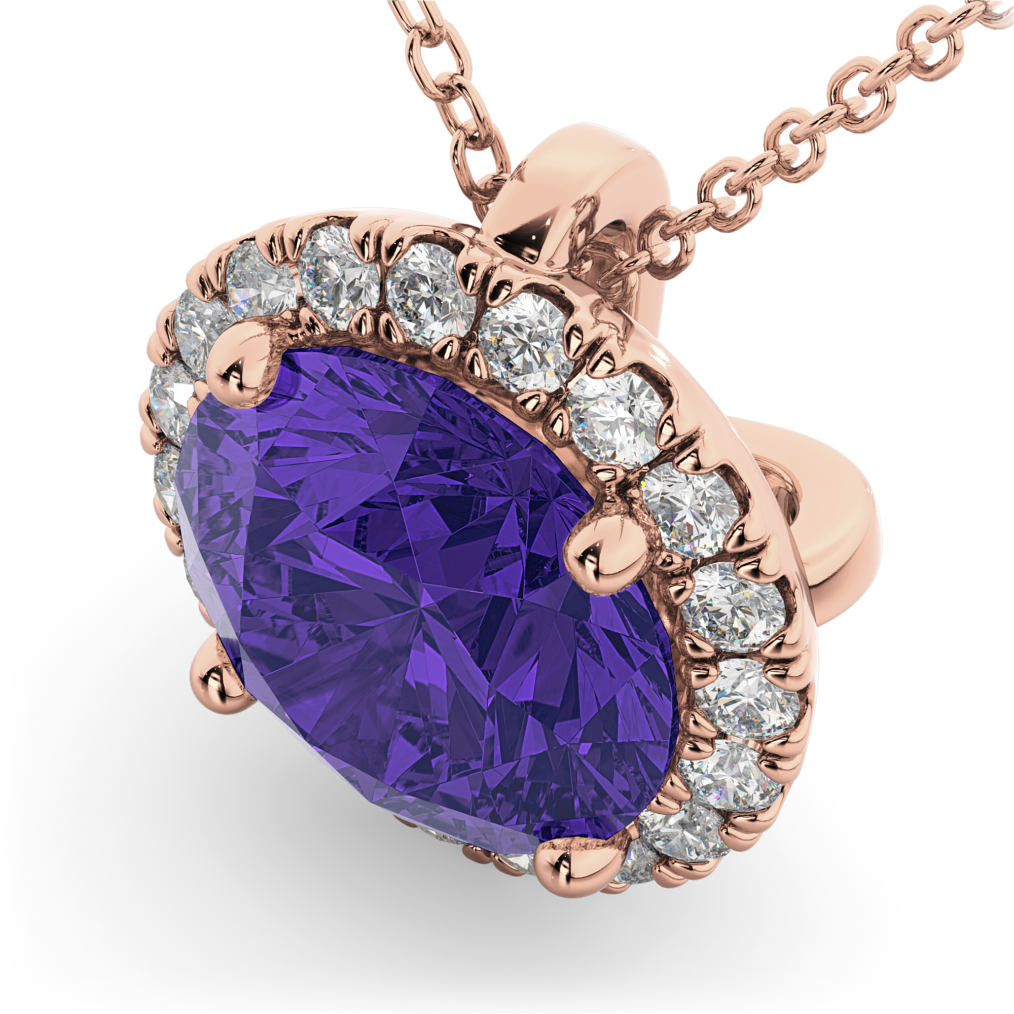 Halo Round Tanzanite & Diamond Pendant Necklace 14k Rose Gold (2.09ct)