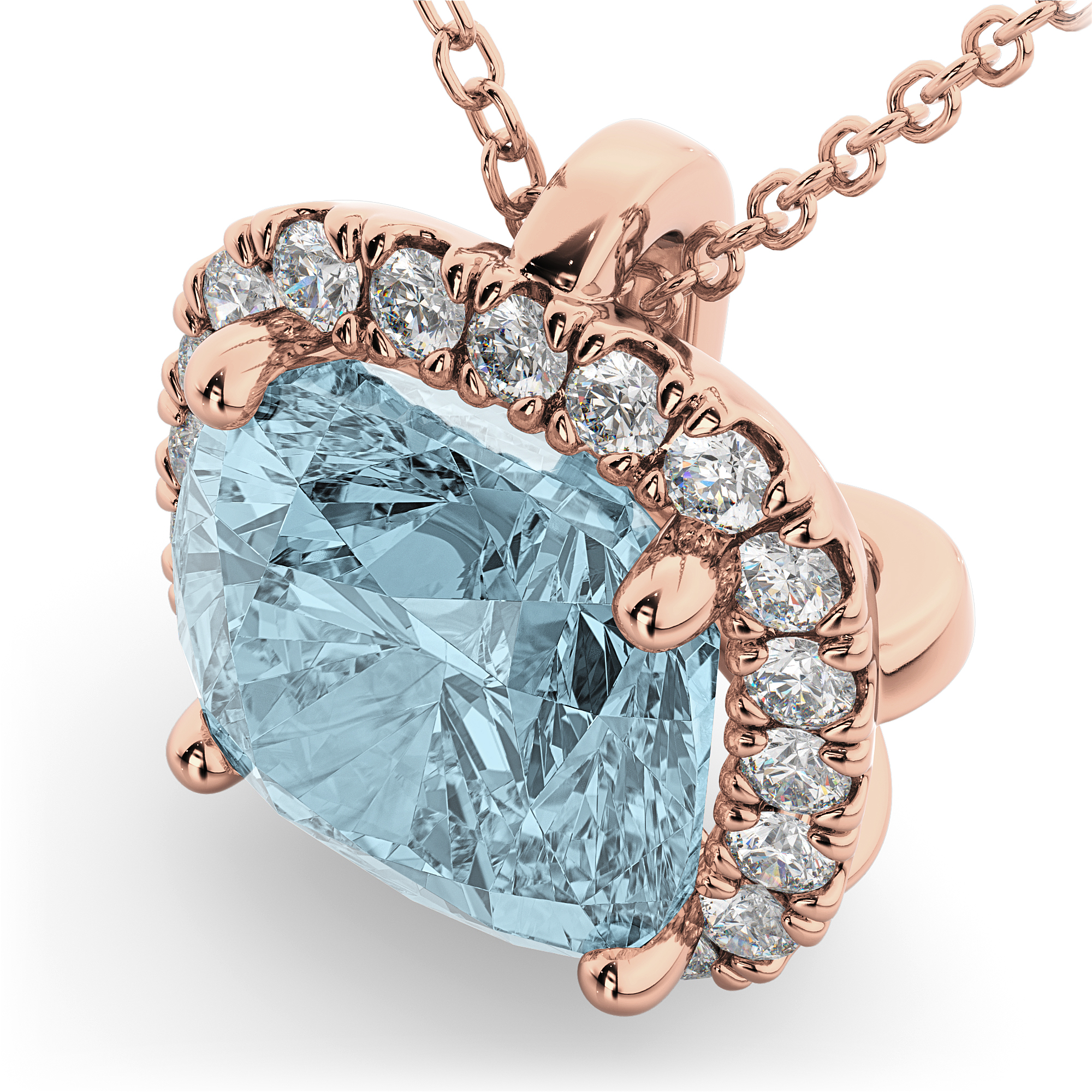 Halo Aquamarine Cushion Cut Pendant Necklace 14k Rose Gold (2.02ct)