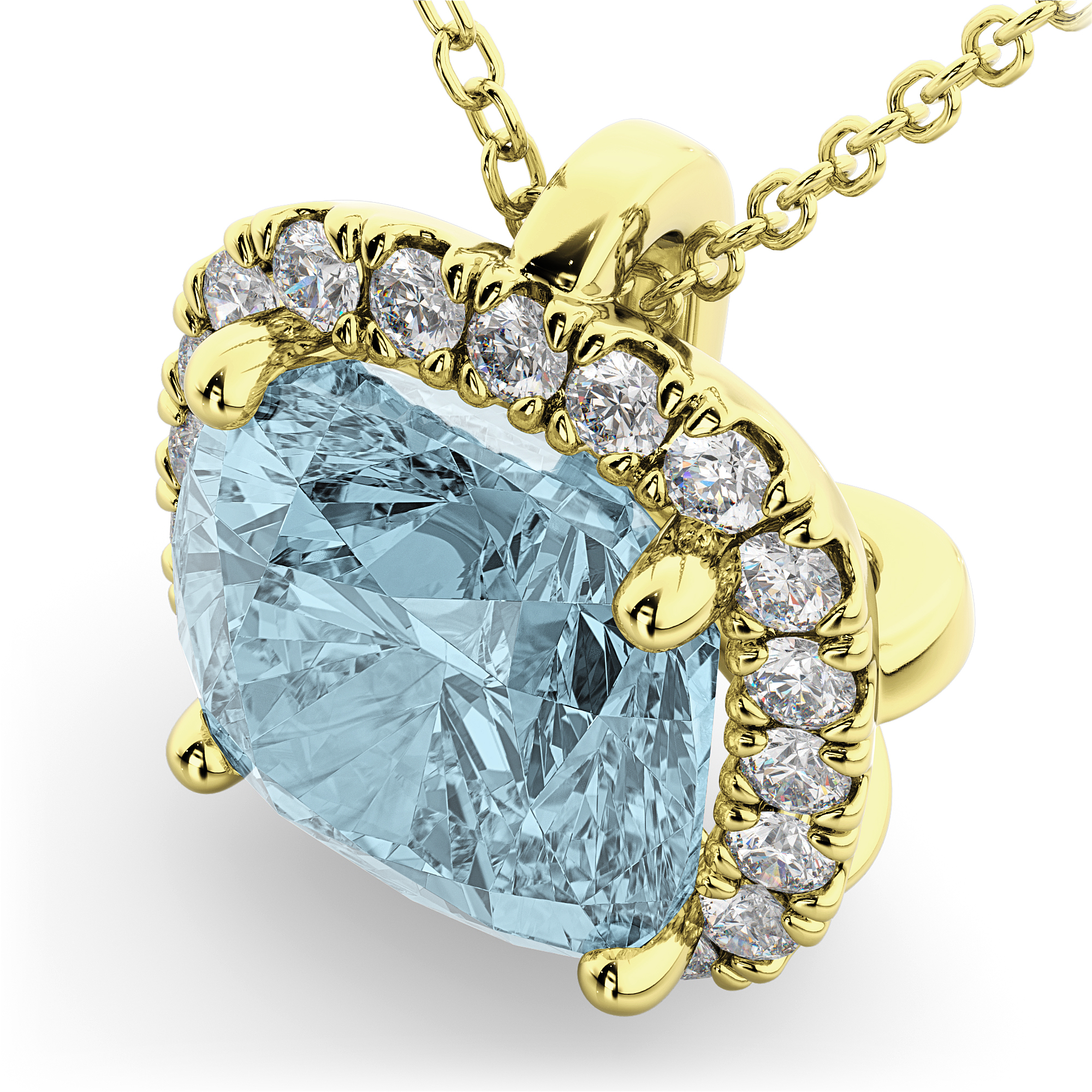 Halo Aquamarine Cushion Cut Pendant Necklace 14k Yellow Gold (2.02ct)