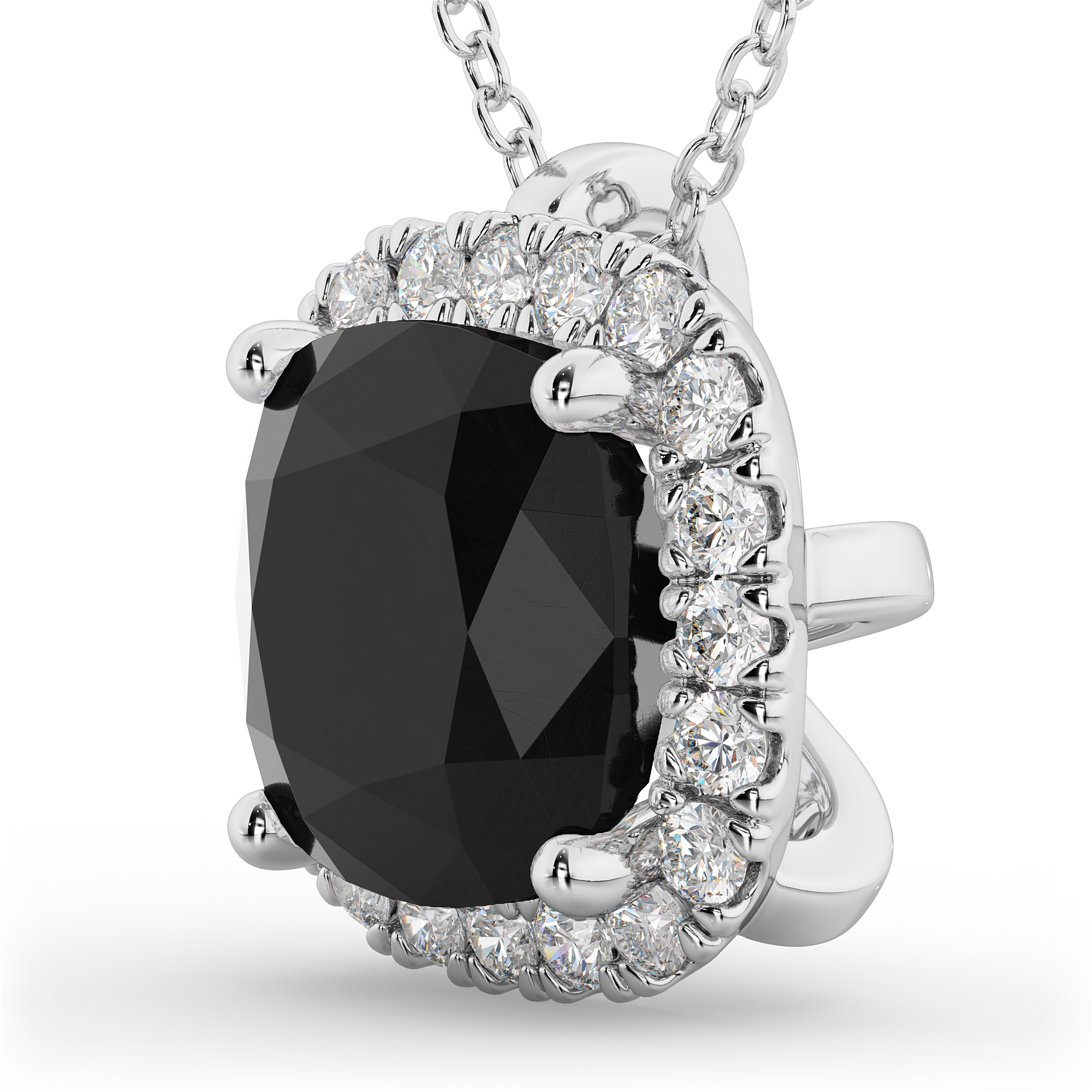 Halo Cushion Cut Black Diamond Necklace 14k White Gold (2.27ct)