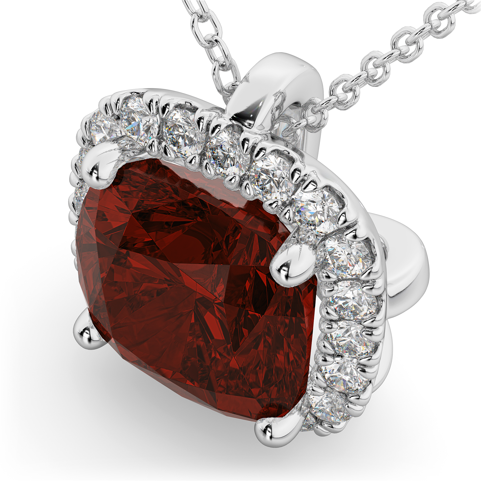 Halo Garnet Cushion Cut Pendant Necklace 14k White Gold (2.02ct)