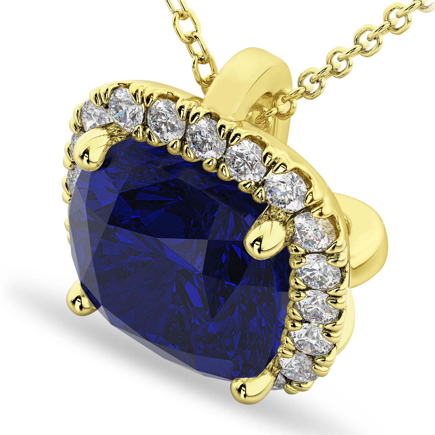 Halo Lab Blue Sapphire Cushion Cut Pendant Necklace 14k Yellow Gold (2.02ct)