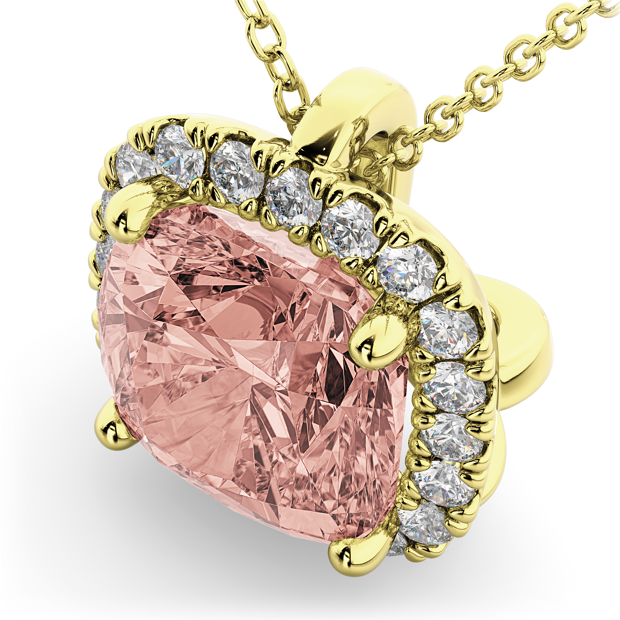 Halo Morganite Cushion Cut Pendant Necklace 14k Yellow Gold (2.02ct)