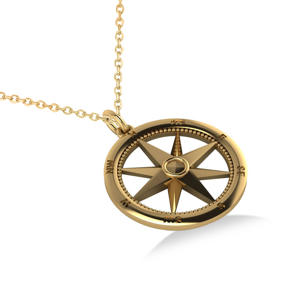 Nautical Compass Pendant Necklace Plain Metal 14k Yellow Gold