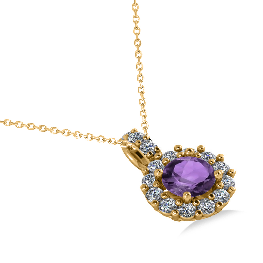 Round Amethyst & Diamond Halo Pendant Necklace 14k Yellow Gold (0.70ct)