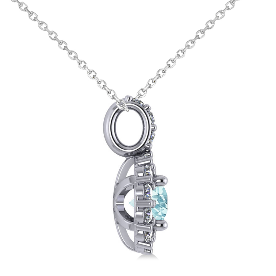 Round Aquamarine & Diamond Halo Pendant Necklace 14k White Gold (0.75ct)