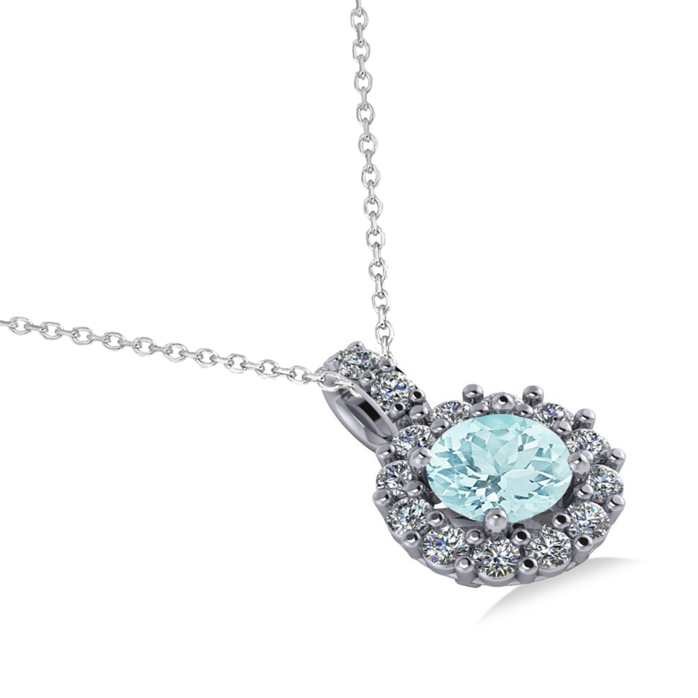 Round Aquamarine & Diamond Halo Pendant Necklace 14k White Gold (0.75ct)