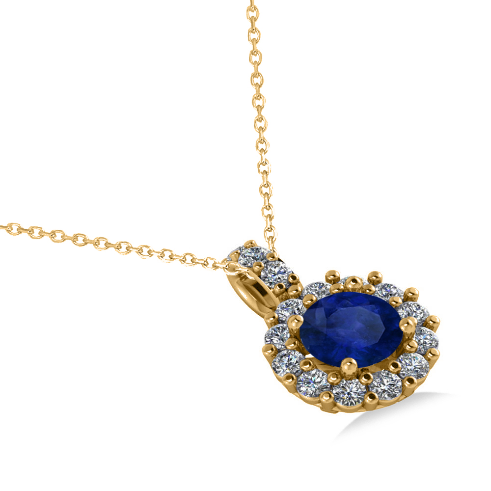 Round Blue Sapphire & Diamond Halo Pendant Necklace 14k Yellow Gold 0