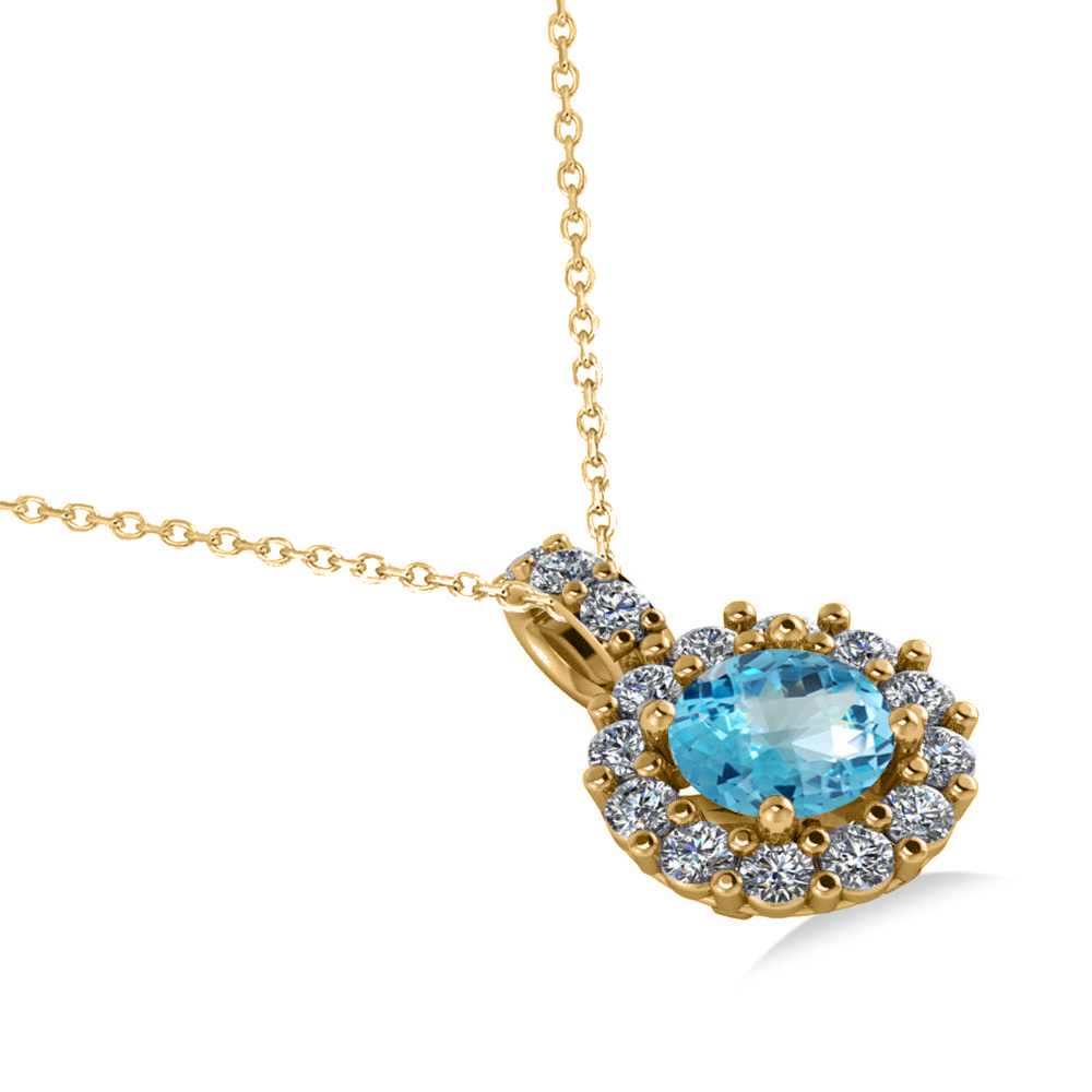 Round Blue Topaz & Diamond Halo Pendant Necklace 14k Yellow Gold (0.86ct)