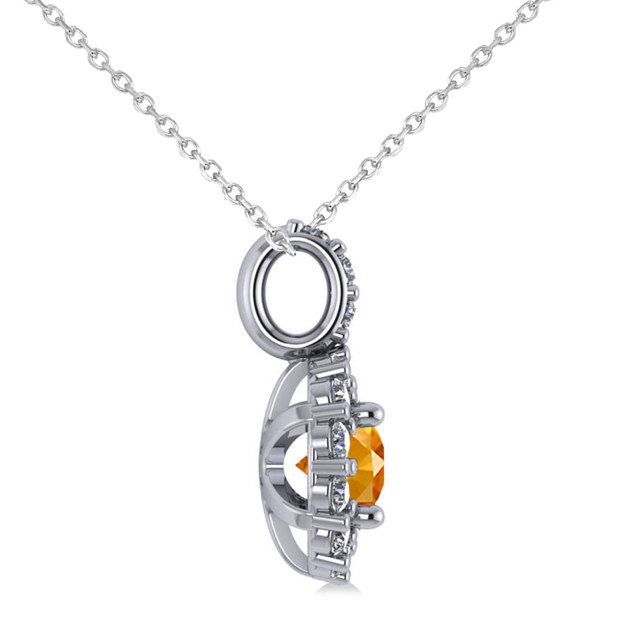 Round Citrine & Diamond Halo Pendant Necklace 14k White Gold (0.70ct)