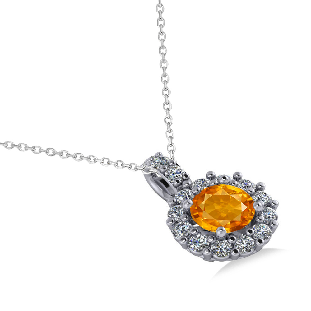 Round Citrine & Diamond Halo Pendant Necklace 14k White Gold (0.70ct)