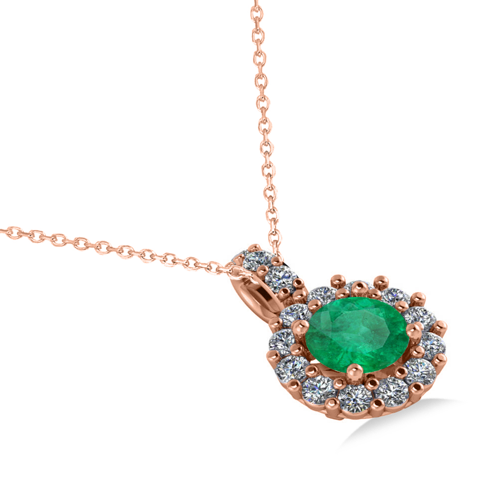 Round Emerald & Diamond Halo Pendant Necklace 14k Rose Gold (0.78ct)