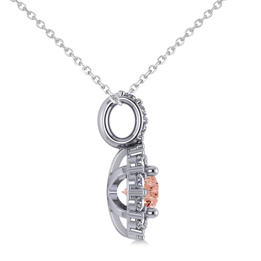 Round Pink Morganite & Diamond Halo Pendant Necklace 14k White Gold (0.70ct)