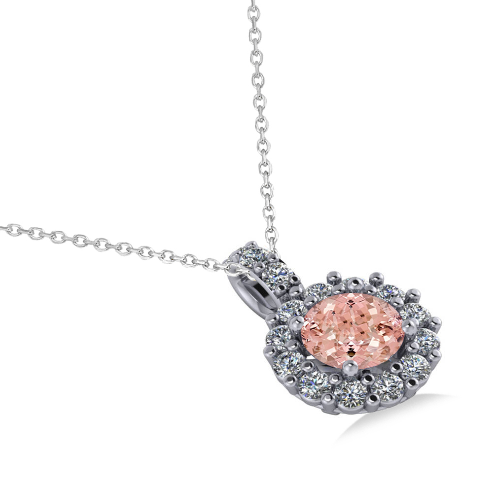 Round Pink Morganite & Diamond Halo Pendant Necklace 14k White Gold (0.70ct)