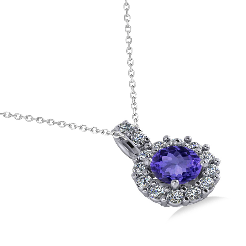 Round Tanzanite & Diamond Halo Pendant Necklace 14k White Gold (0.90ct)