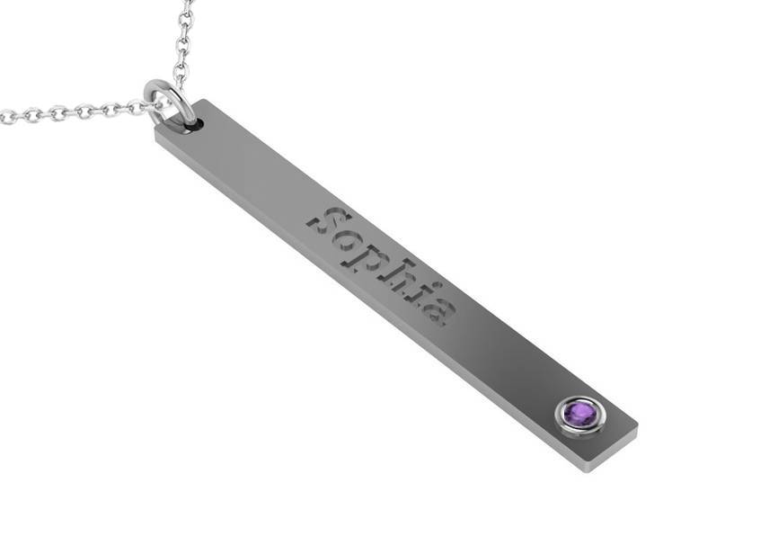 Name Engravable Amethyst Bar Pendant Necklace 14k White Gold (0.03ct)