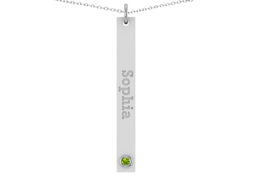 Name Engravable Peridot Bar Pendant Necklace 14k White Gold (0.03ct)