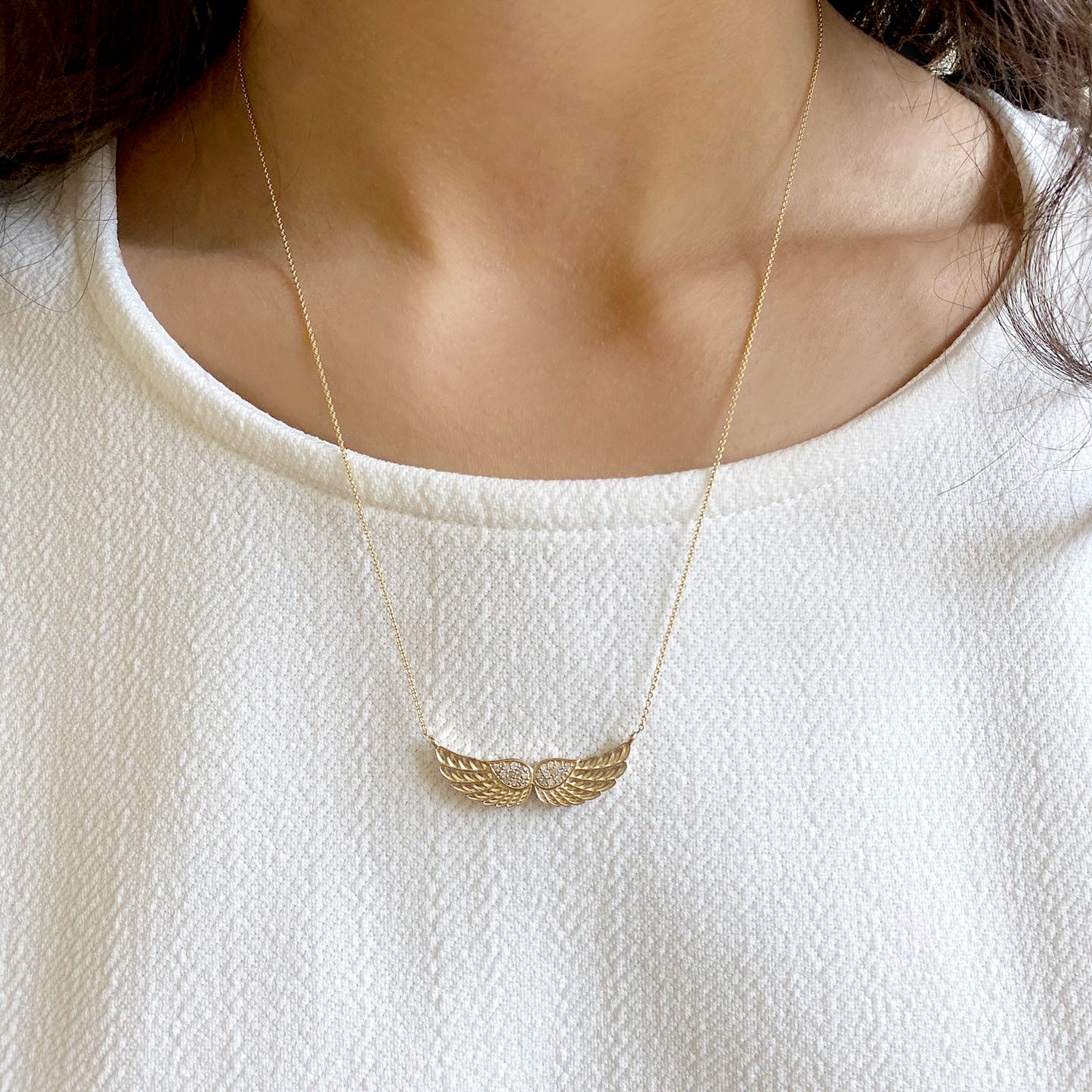 Diamond Angel Wings Pendant Necklace 14k Yellow Gold (0.11ct)