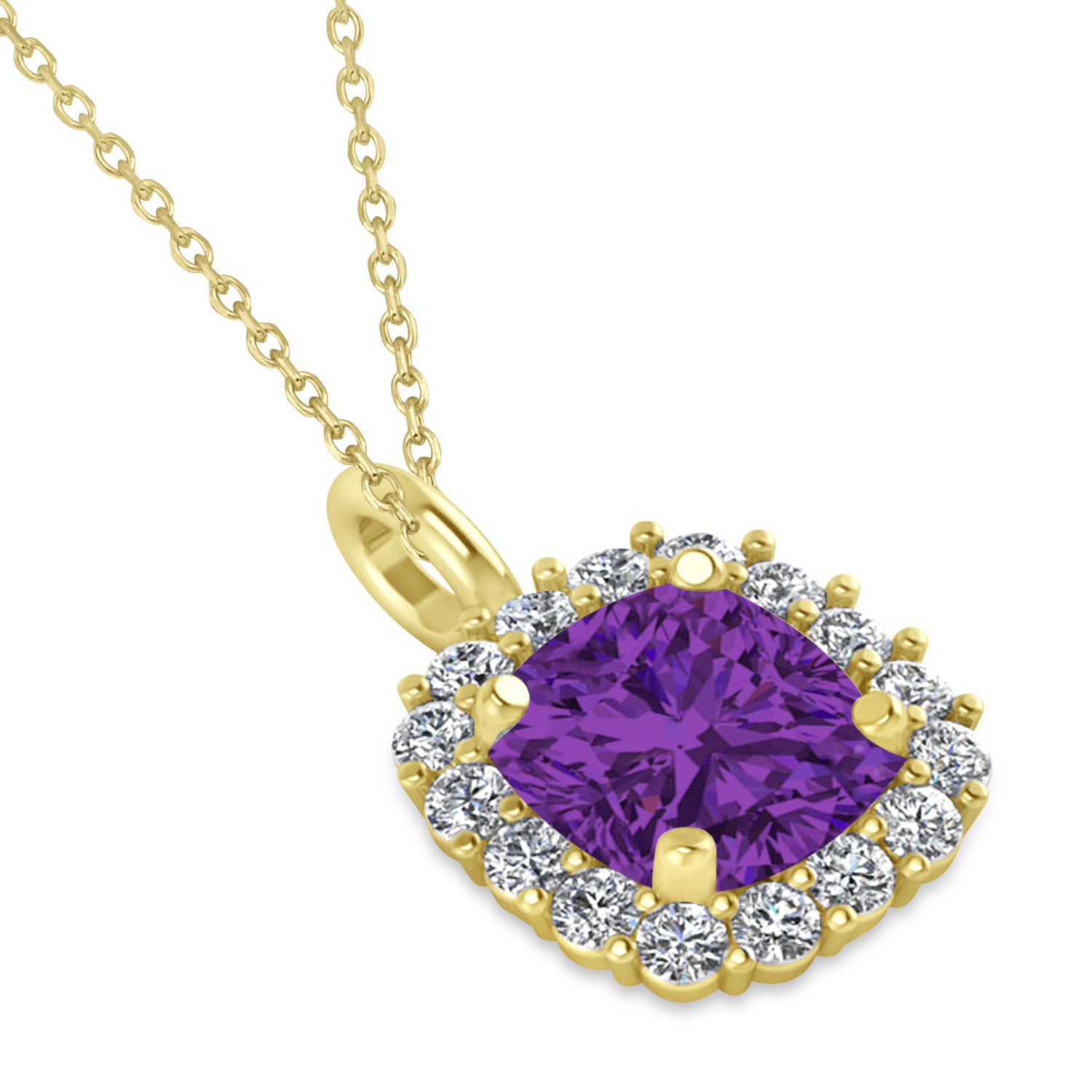 Cushion Cut Amethyst & Diamond Halo Pendant 14k Yellow Gold (0.92ct)