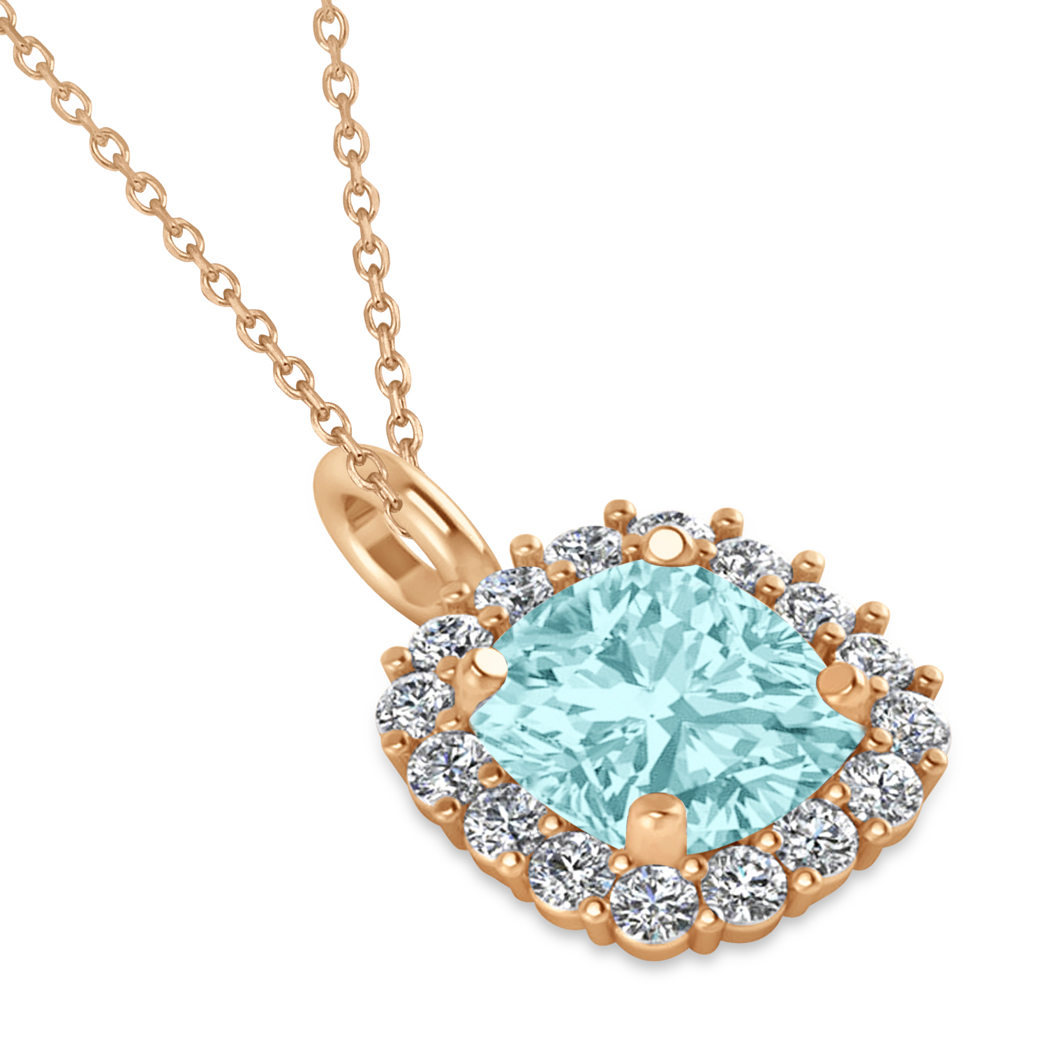 Cushion Cut Aquamarine & Diamond Halo Pendant 14k Rose Gold (0.92ct)