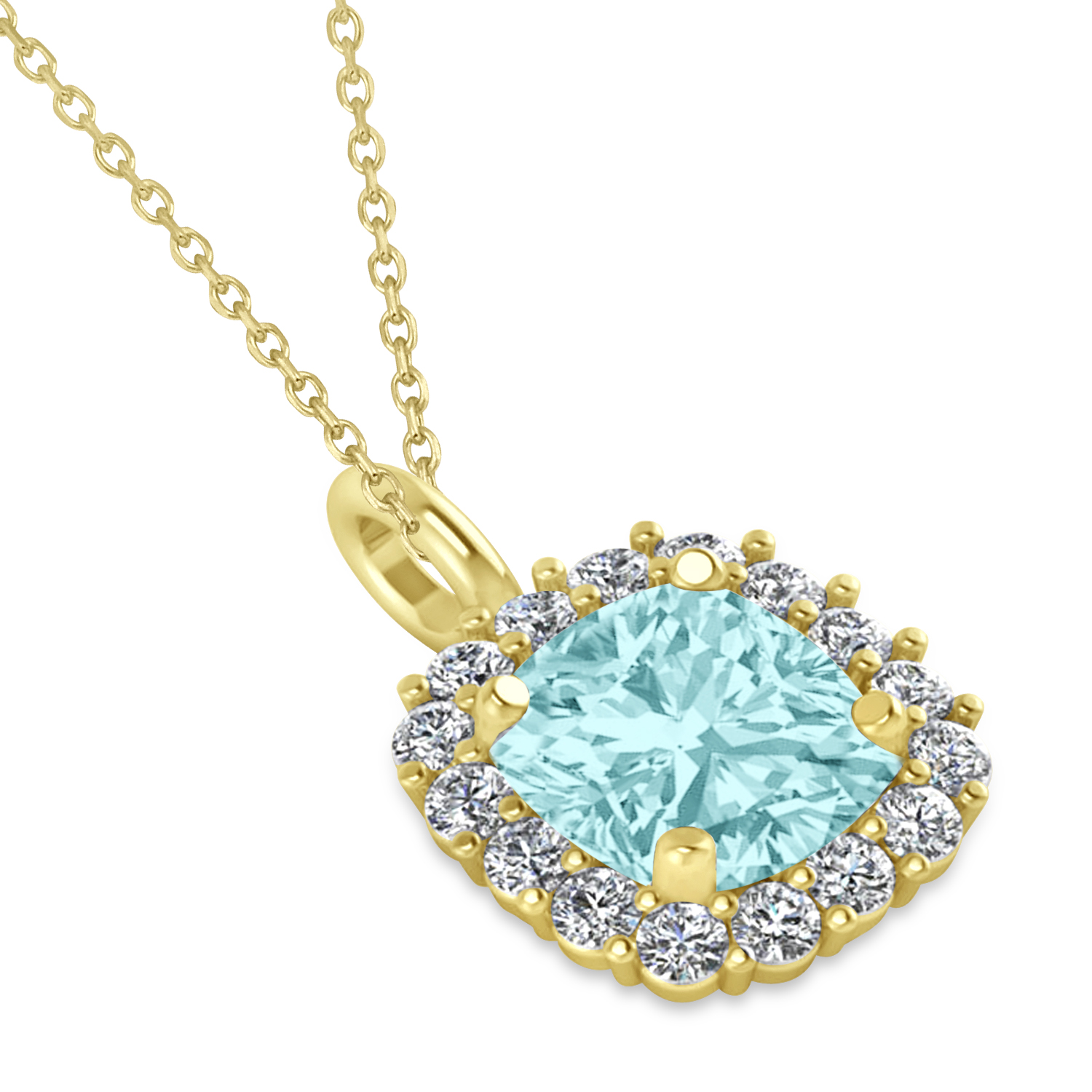 Cushion Cut Aquamarine & Diamond Halo Pendant 14k Yellow Gold (0.92ct)