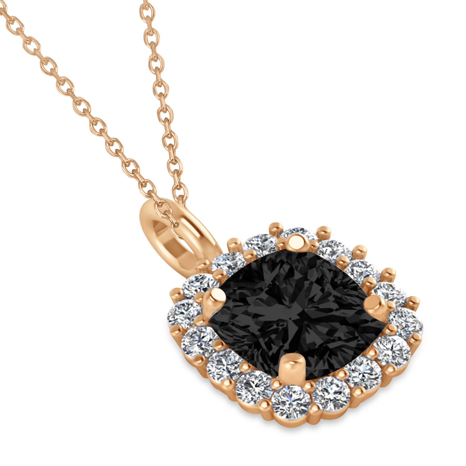 Cushion Cut Black & White Diamond Halo Pendant 14k Rose Gold (0.78ct)