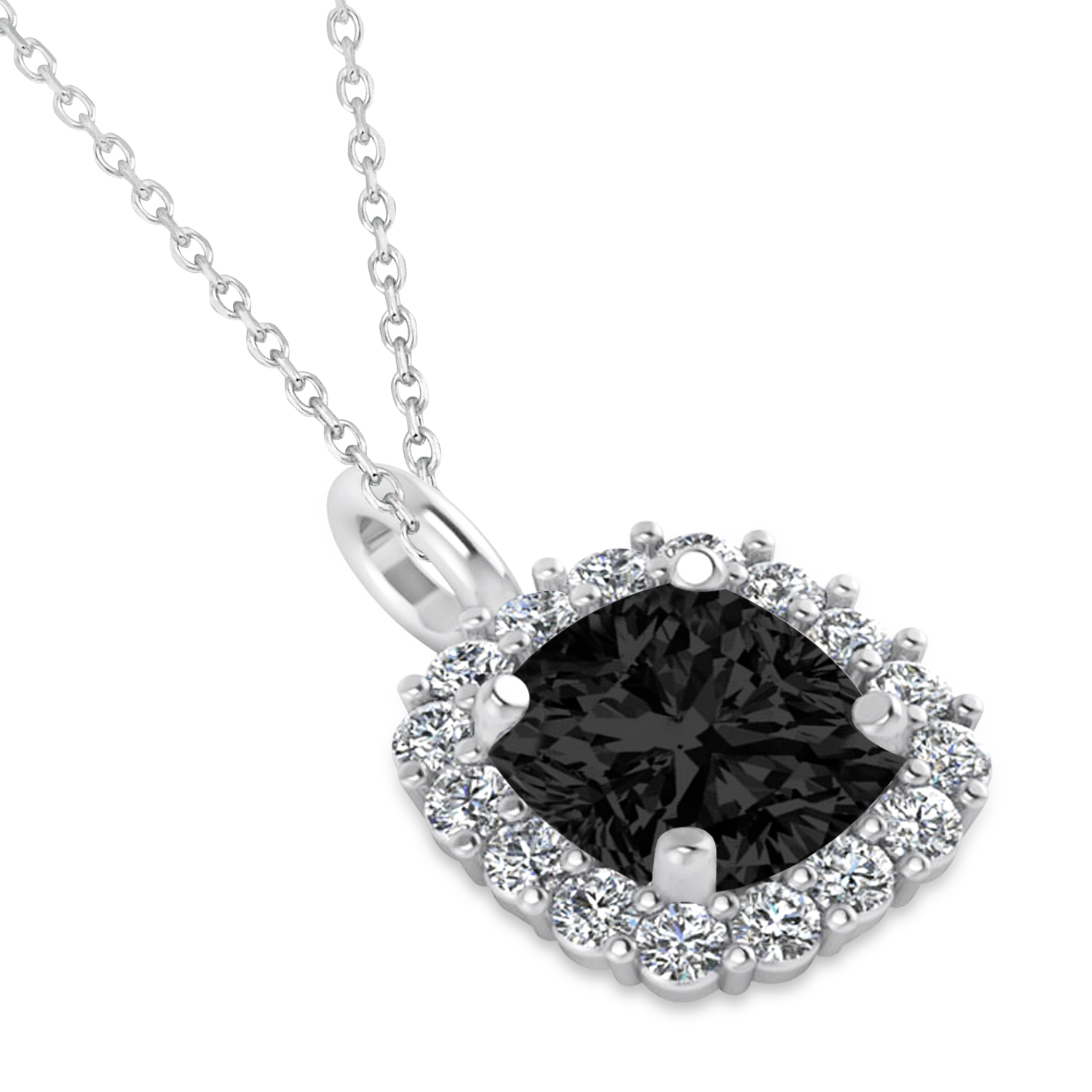 Cushion Cut Black & White Diamond Halo Pendant 14k White Gold (0.78ct)