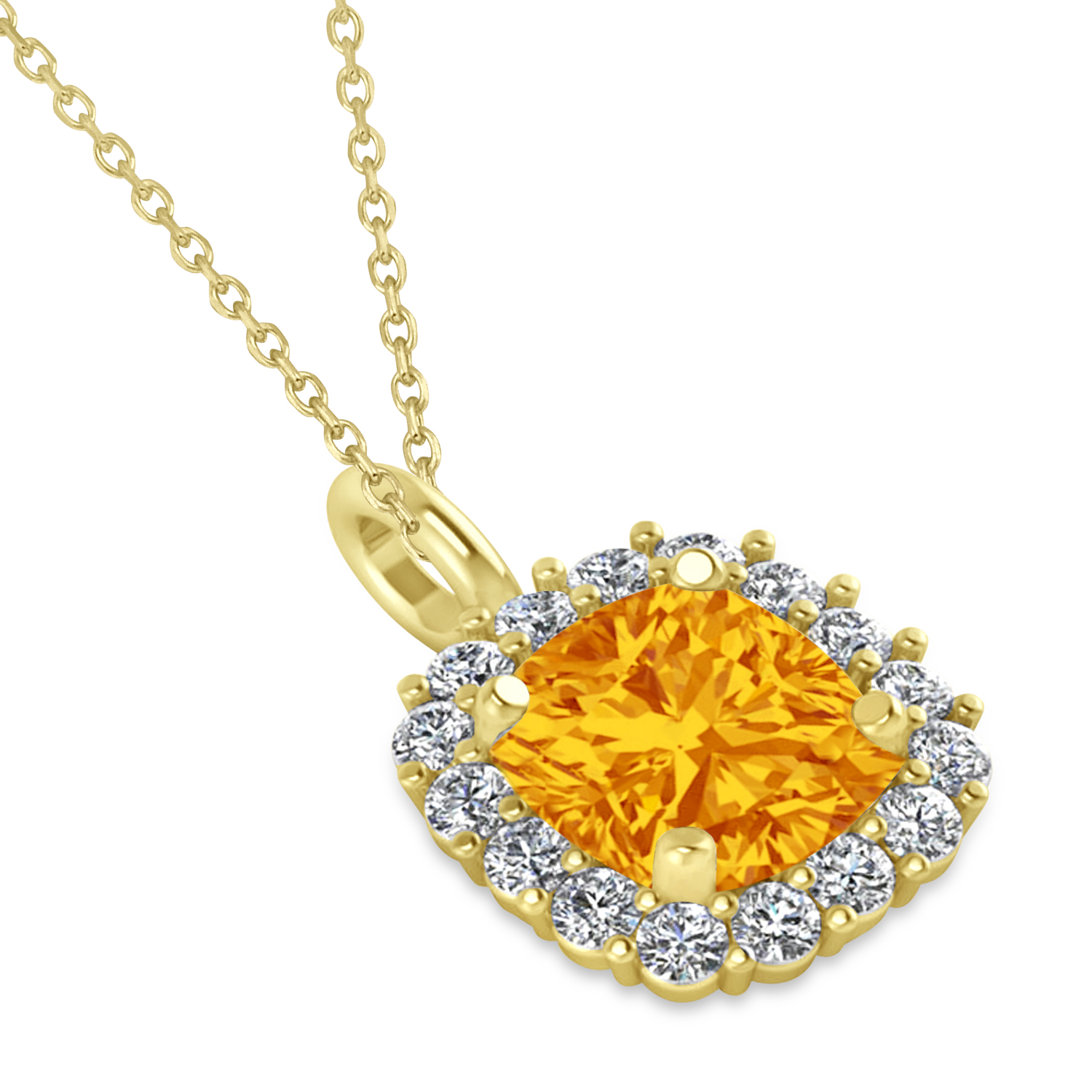 Cushion Cut Citrine & Diamond Halo Pendant 14k Yellow Gold (0.92ct)