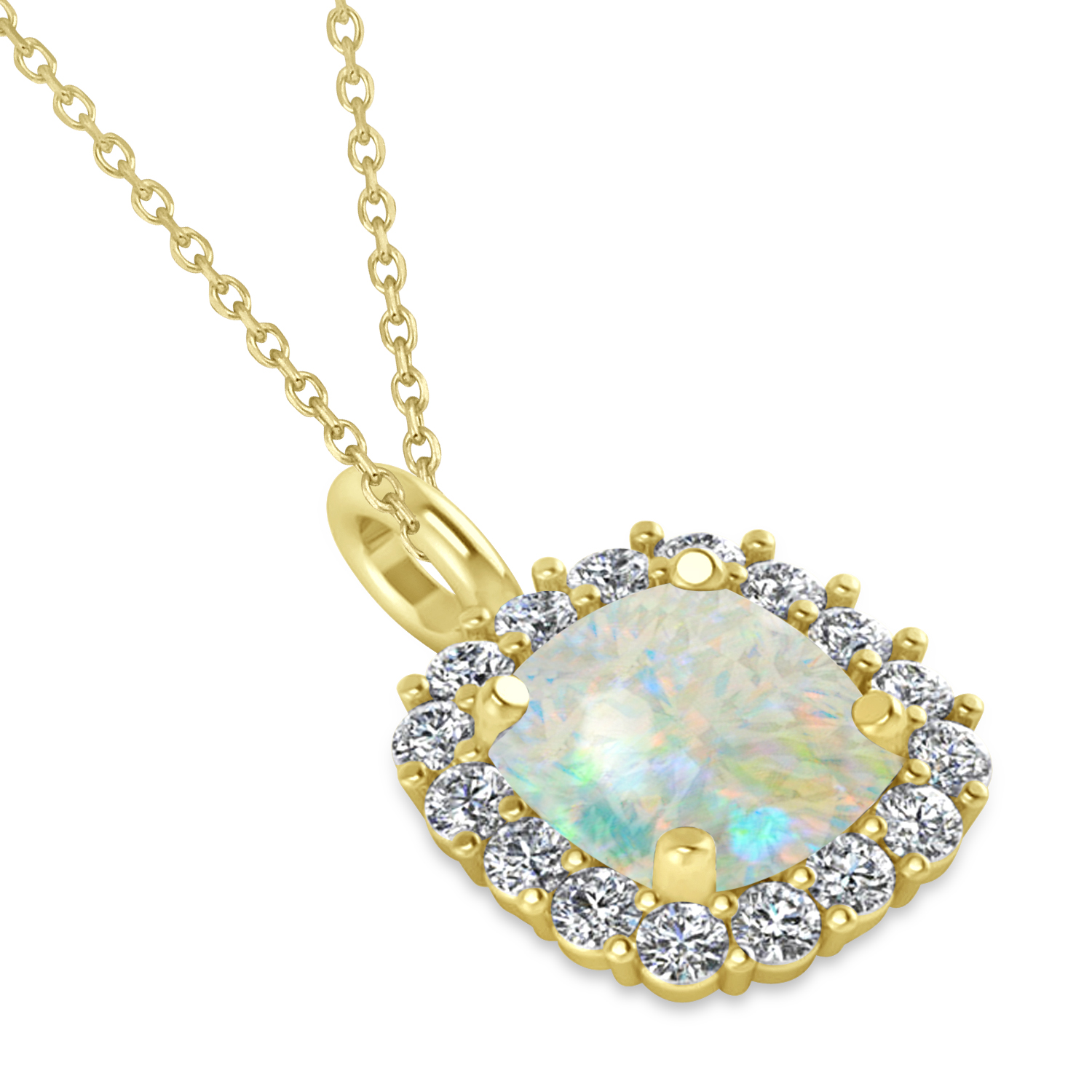 Cushion Cut Opal & Diamond Halo Pendant 14k Yellow Gold (0.92ct)