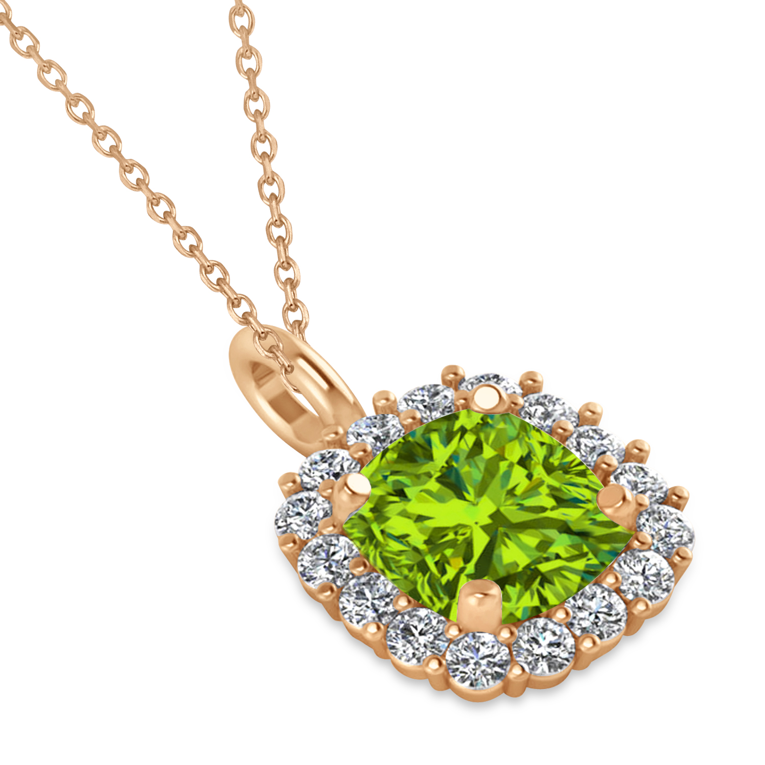 Cushion Cut Peridot & Diamond Halo Pendant 14k Rose Gold (0.92ct)