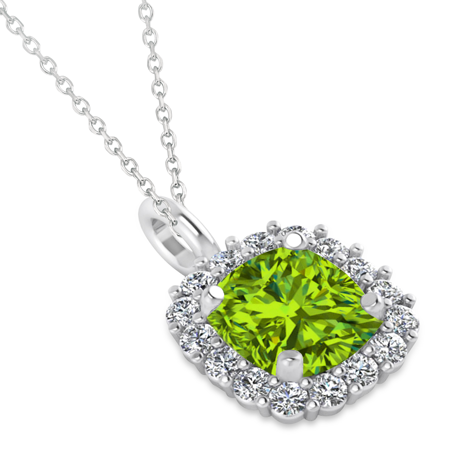 Cushion Cut Peridot & Diamond Halo Pendant 14k White Gold (0.92ct)