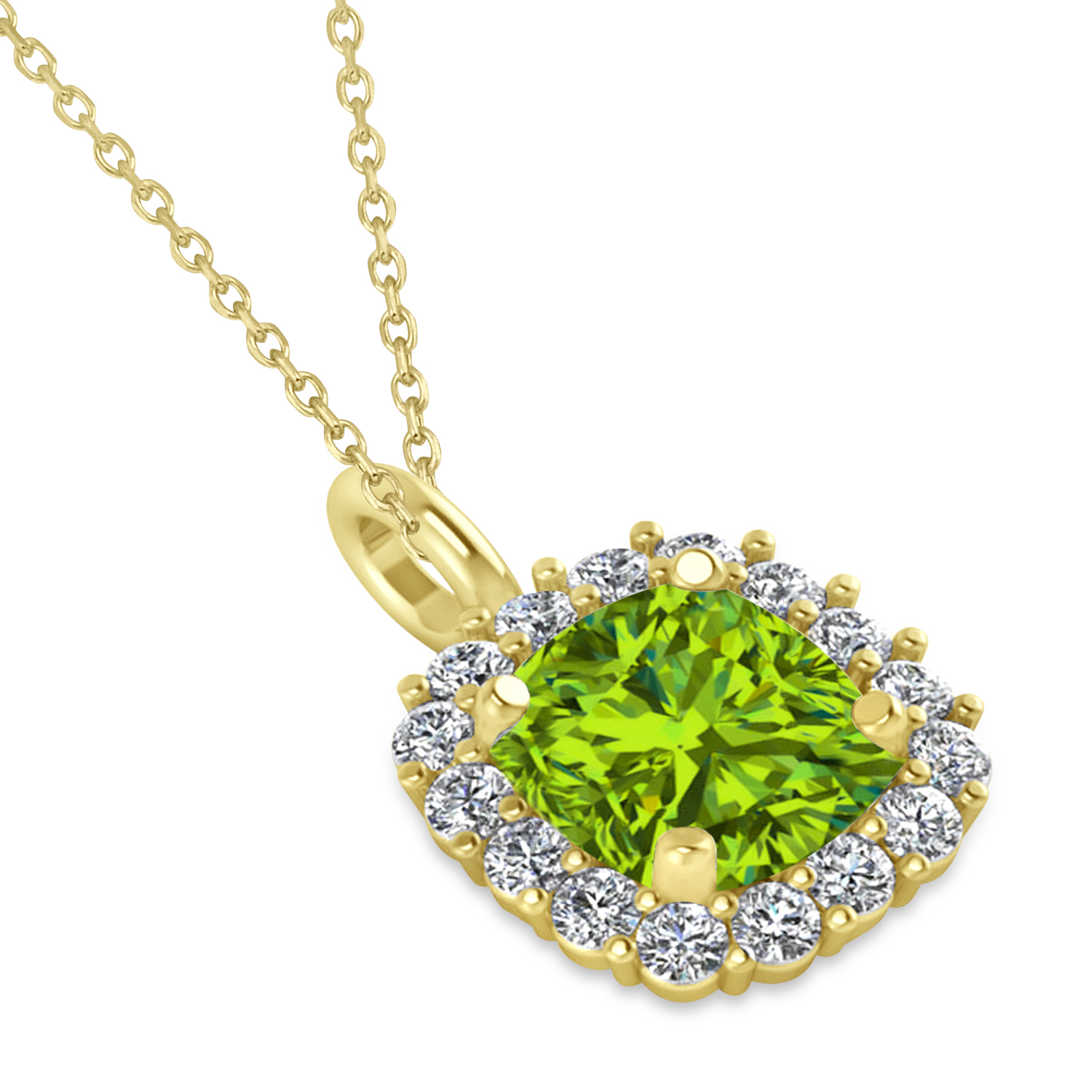 Cushion Cut Peridot & Diamond Halo Pendant 14k Yellow Gold (0.92ct)