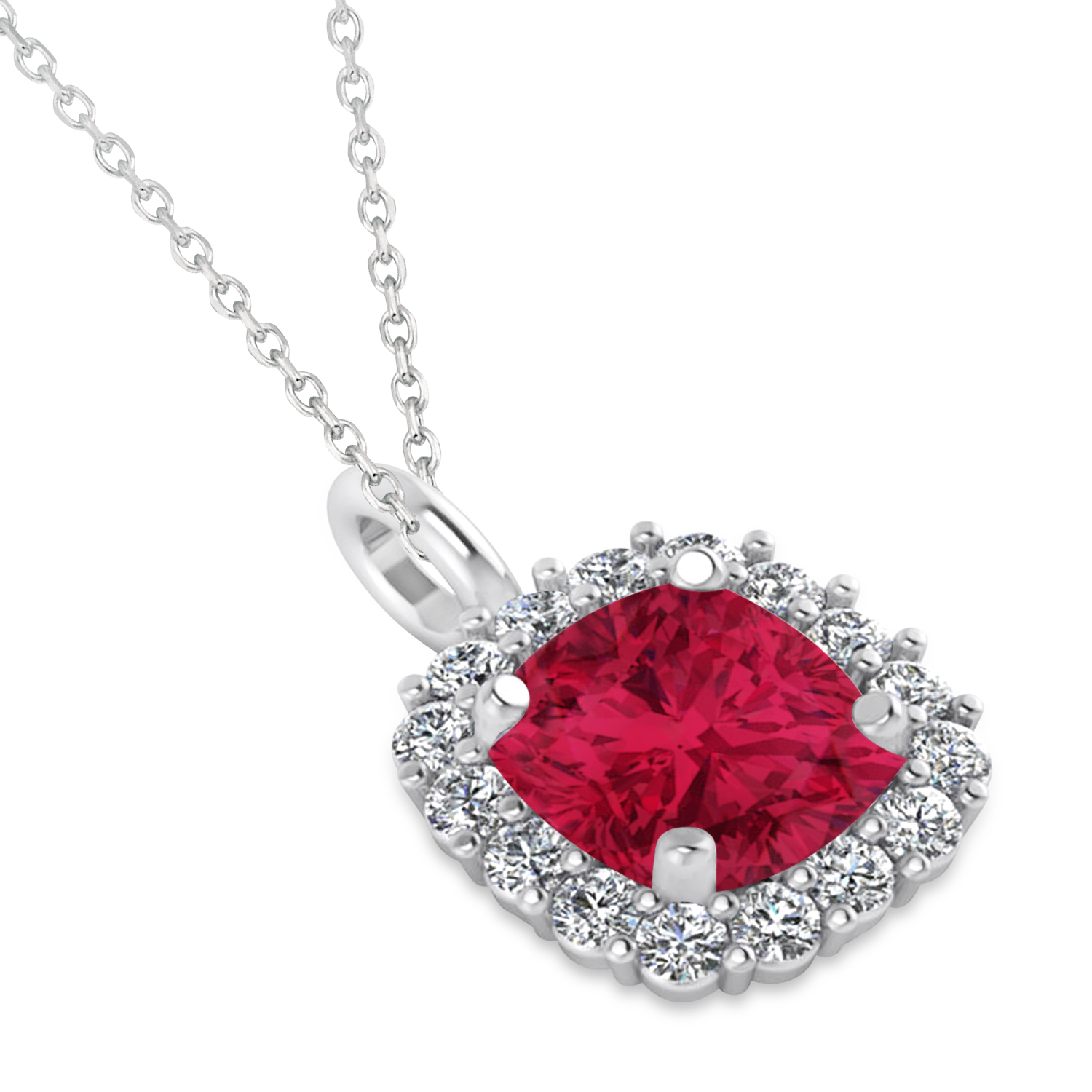 Cushion Cut Ruby & Diamond Halo Pendant 14k White Gold (0.92ct)