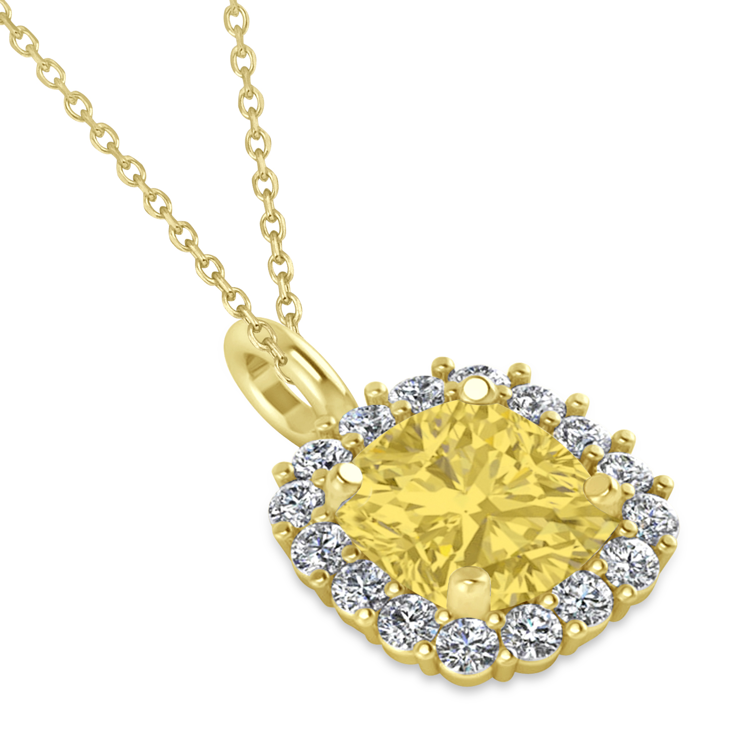 Cushion Cut Yellow & White Diamond Halo Pendant 14k Yellow Gold (0.78ct)