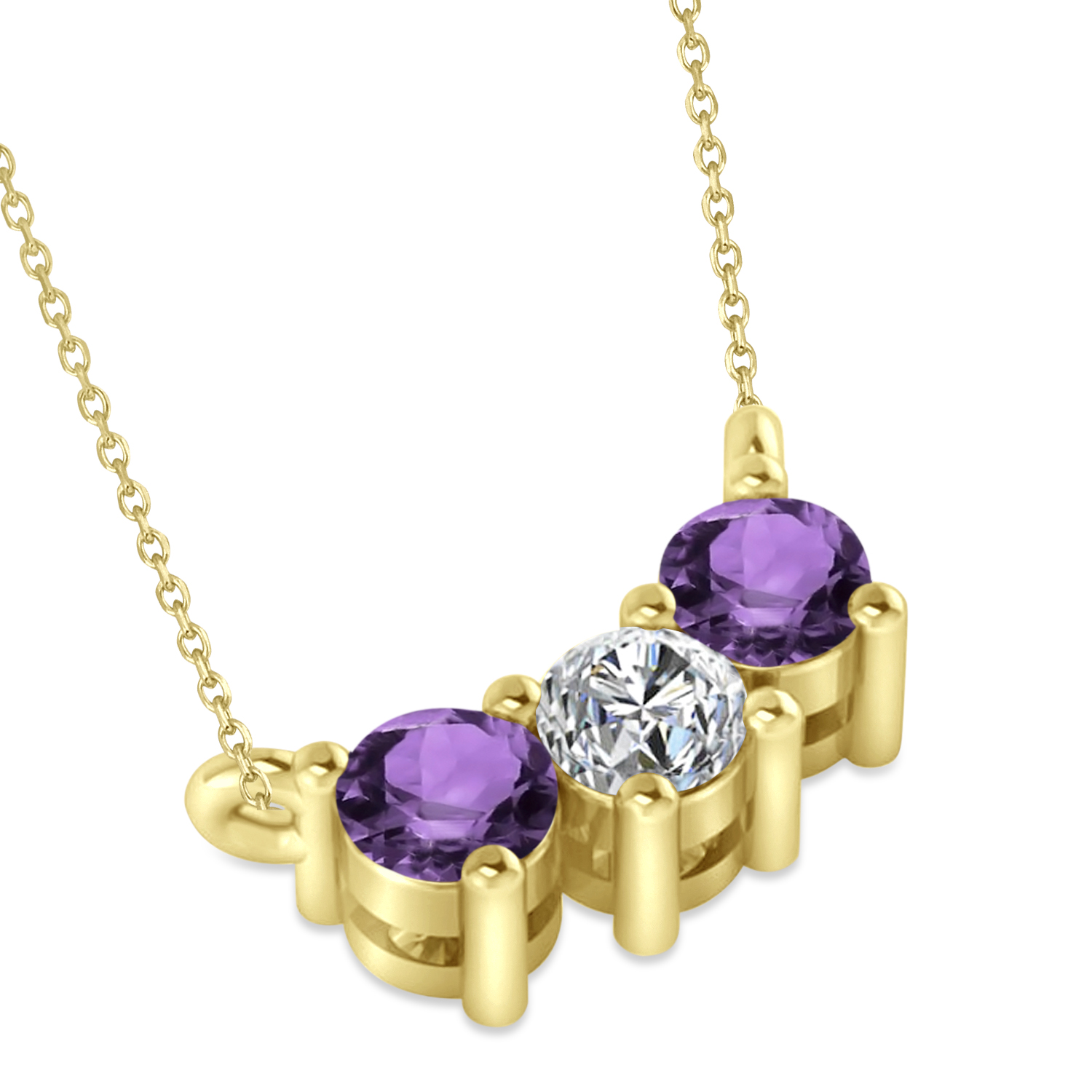 Three Stone Diamond & Amethyst Pendant Necklace 14k Yellow Gold (0.45ct)