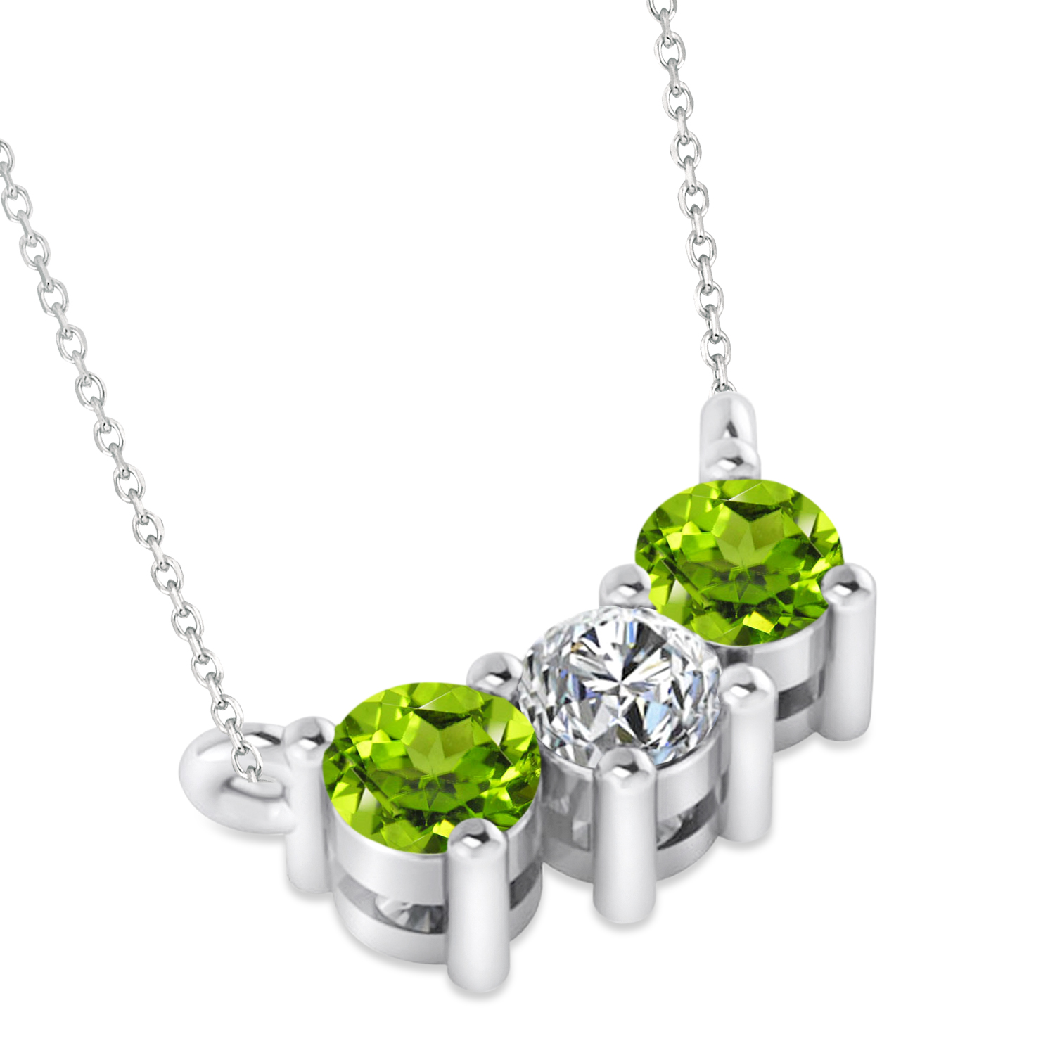 Three Stone Diamond & Peridot Pendant Necklace 14k White Gold (0.45ct)