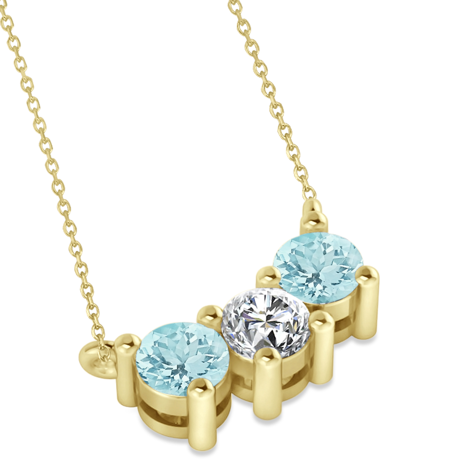 Three Stone Diamond & Aquamarine Pendant Necklace 14k Yellow Gold (1.00ct)